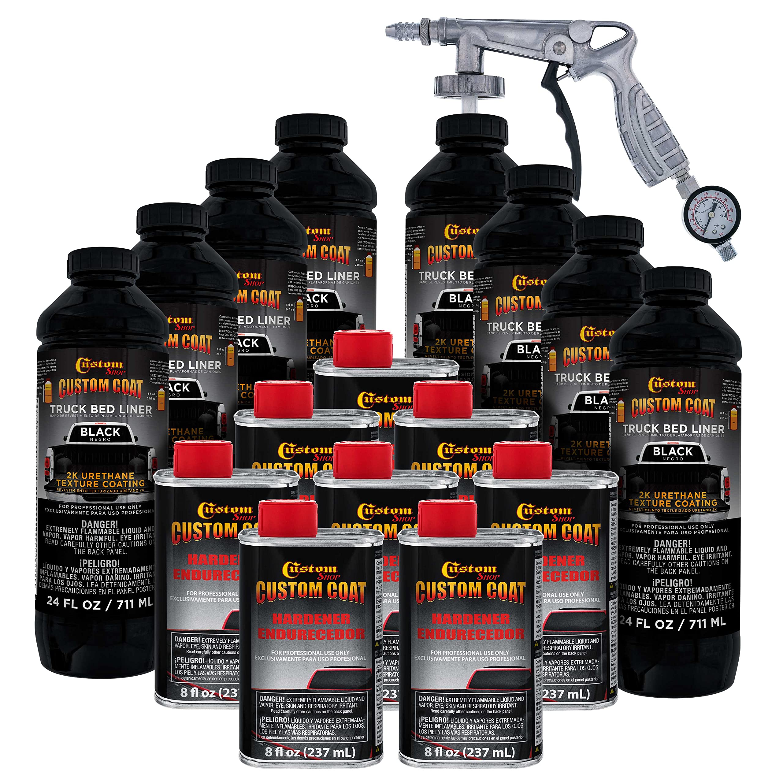 Custom Coat Black 2 Gallon (8 Quart) Urethane Spray-On Truck Bed Liner Kit With Spray Gun And Regulator - Easy 3 To 1 Mix Ratio,