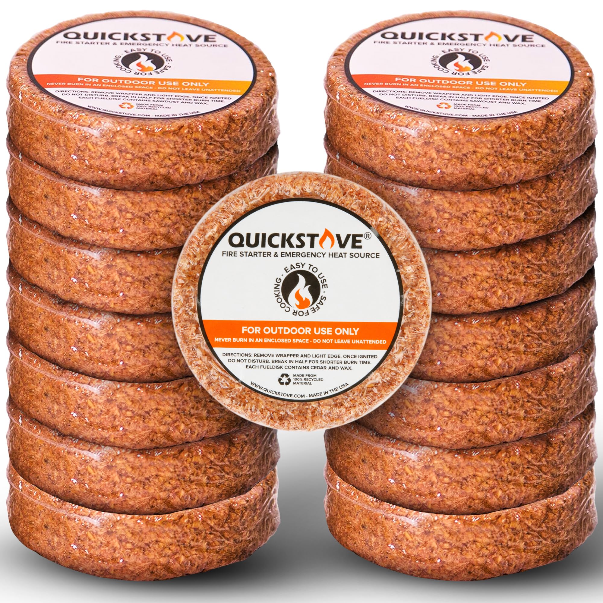 QuickStove Fire Starters (10 Pack) - Waterproof Emergency Fuel Disks for Camping Essentials, Wood Stove, Fireplace, Fire Pit, Su