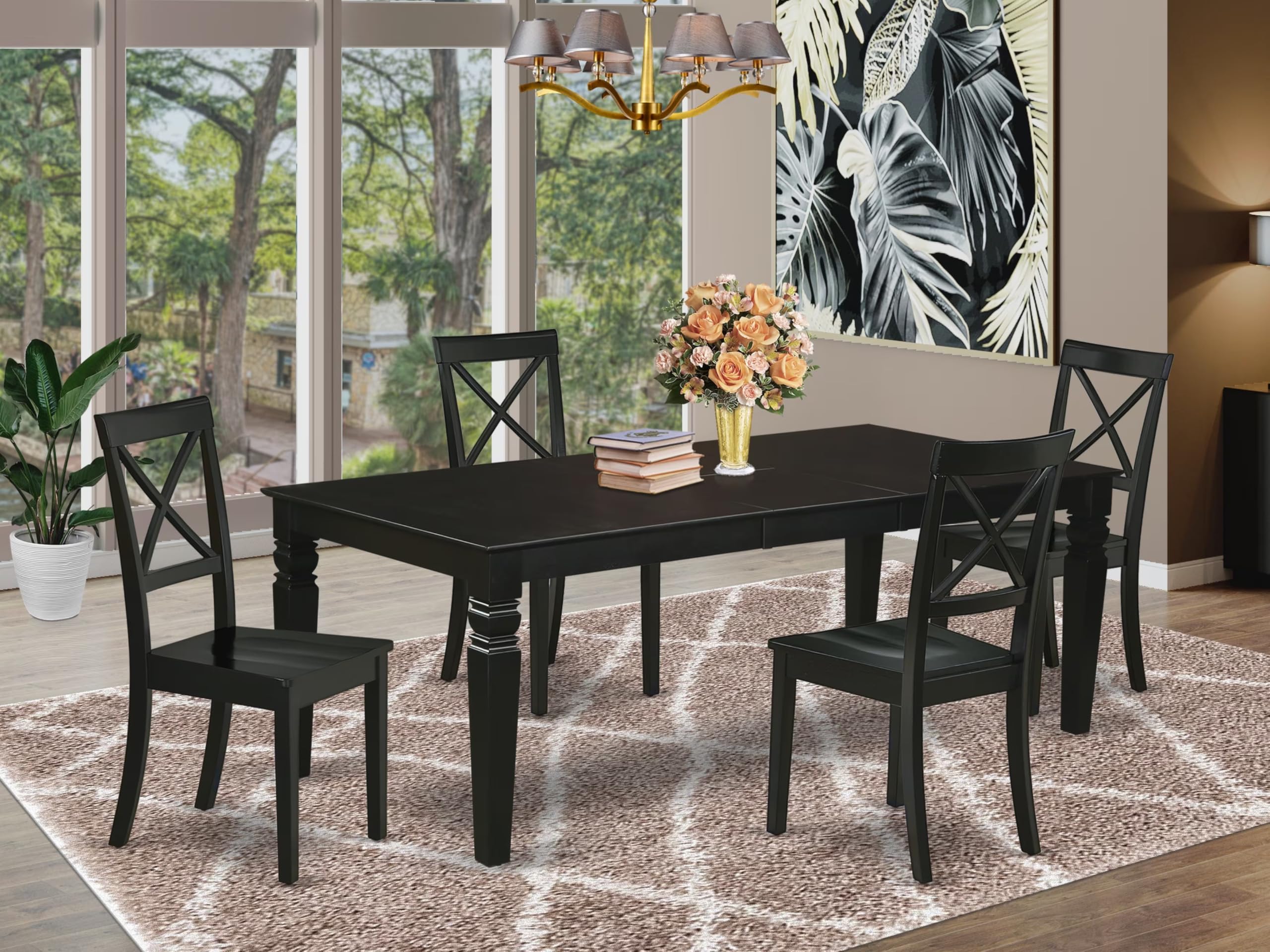 East West Furniture Lgbo5-Blk-W 5 Piece Kitchen Table & Chairs Set Includes A Rectangle Dining Room Table With Butterfly Leaf And 4 Dining Chairs, 42X84 Inch, Black