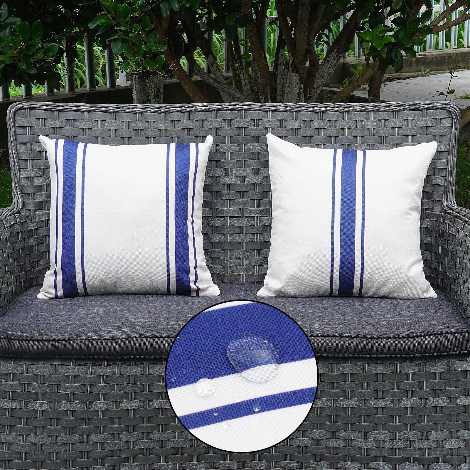 Onway Outdoor Pillow Covers Waterproof 18X18 Set Of 2 Decorative Linen Throw Pillow Cover Beige And Navy Blue Striped Outdoor Pi