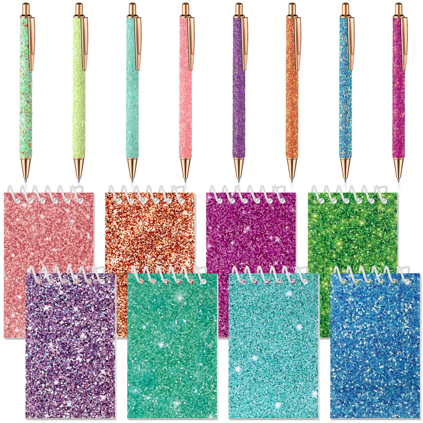 Sherr 16 Pcs Glitter Pens and Notebooks Set Mini Spiral Notepads Fancy Pens for Kids Girls Women Sparkly Sequins Journaling Ball