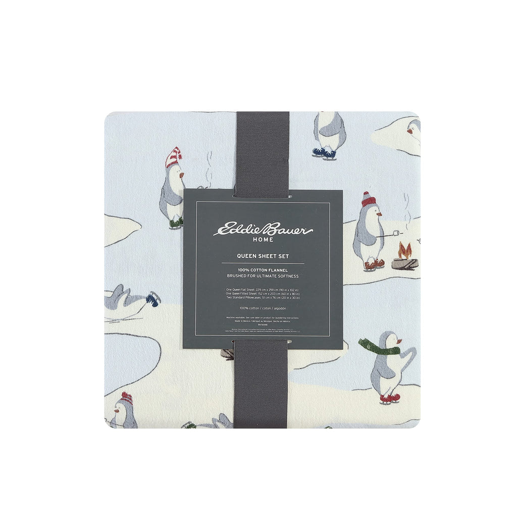 Eddie Bauer - Full Sheets, Cotton Flannel Bedding Set, Brushed For Extra Softness, Cozy Home Decor (Skating Penguin, 4 Pcs, Full)