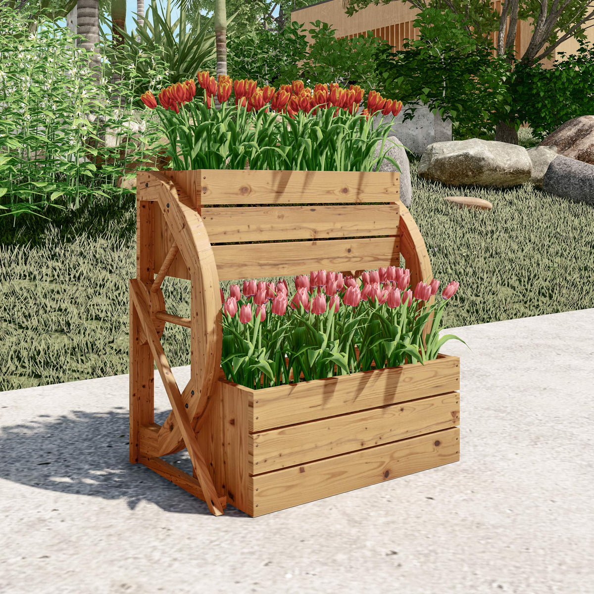Lokatse Home Wooden Wagon Wheel Double-Tier Planter Outdoor Garden Decor Plant Flower Holder Stand, Brown