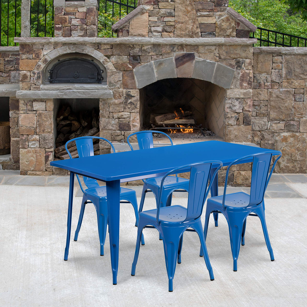 Flash Furniture Commercial Grade 31.5&quot; x 63&quot; Rectangular Blue Metal Indoor-Outdoor Table Set with 4 Stack Chairs