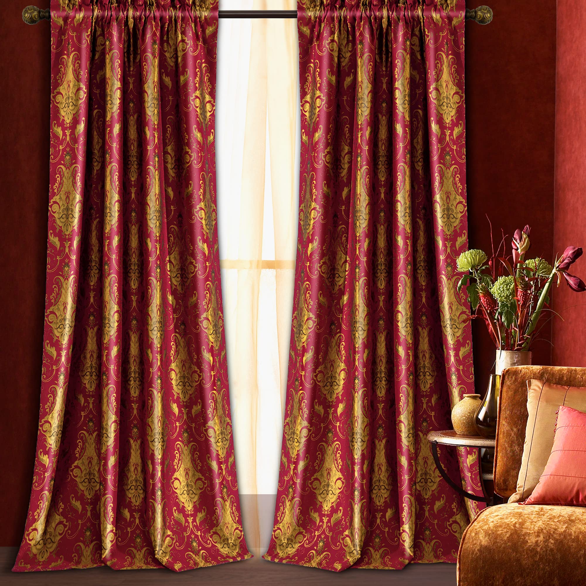 Loom And Mill Luxury Red Damask Curtains For Bedroom, Textured Lined Jacquard Curtain 2 Panels With Tiebacks, Window Curtain For