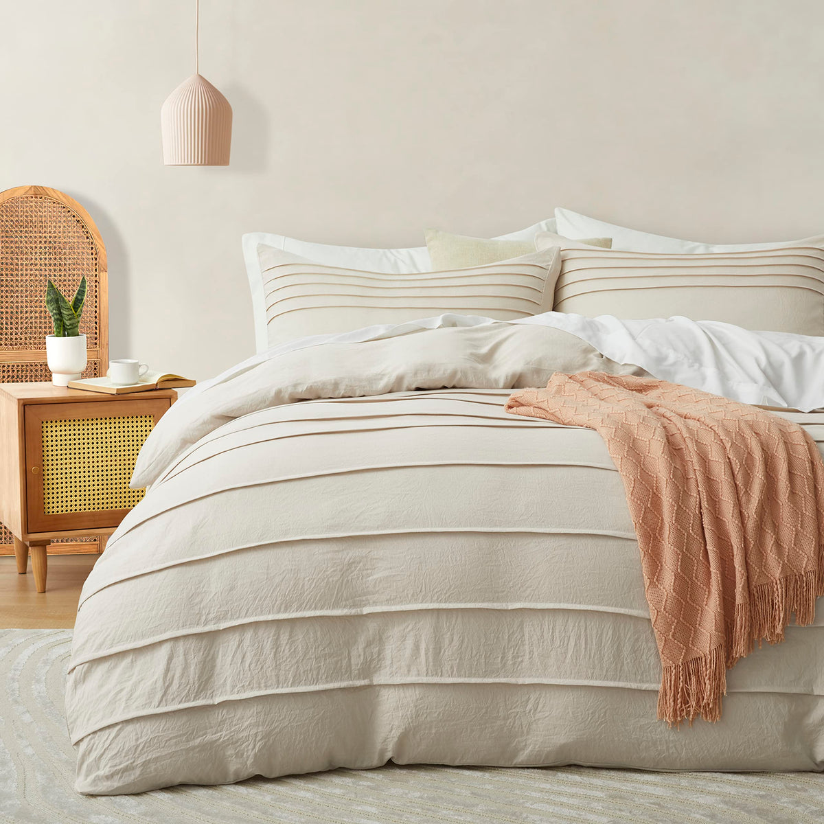 Oli Anderson Beige Duvet Cover Queen Size - Pleated Queen Duvet Cover, 3Pcs Soft And Breathable Textured Bedding Set With Zipper
