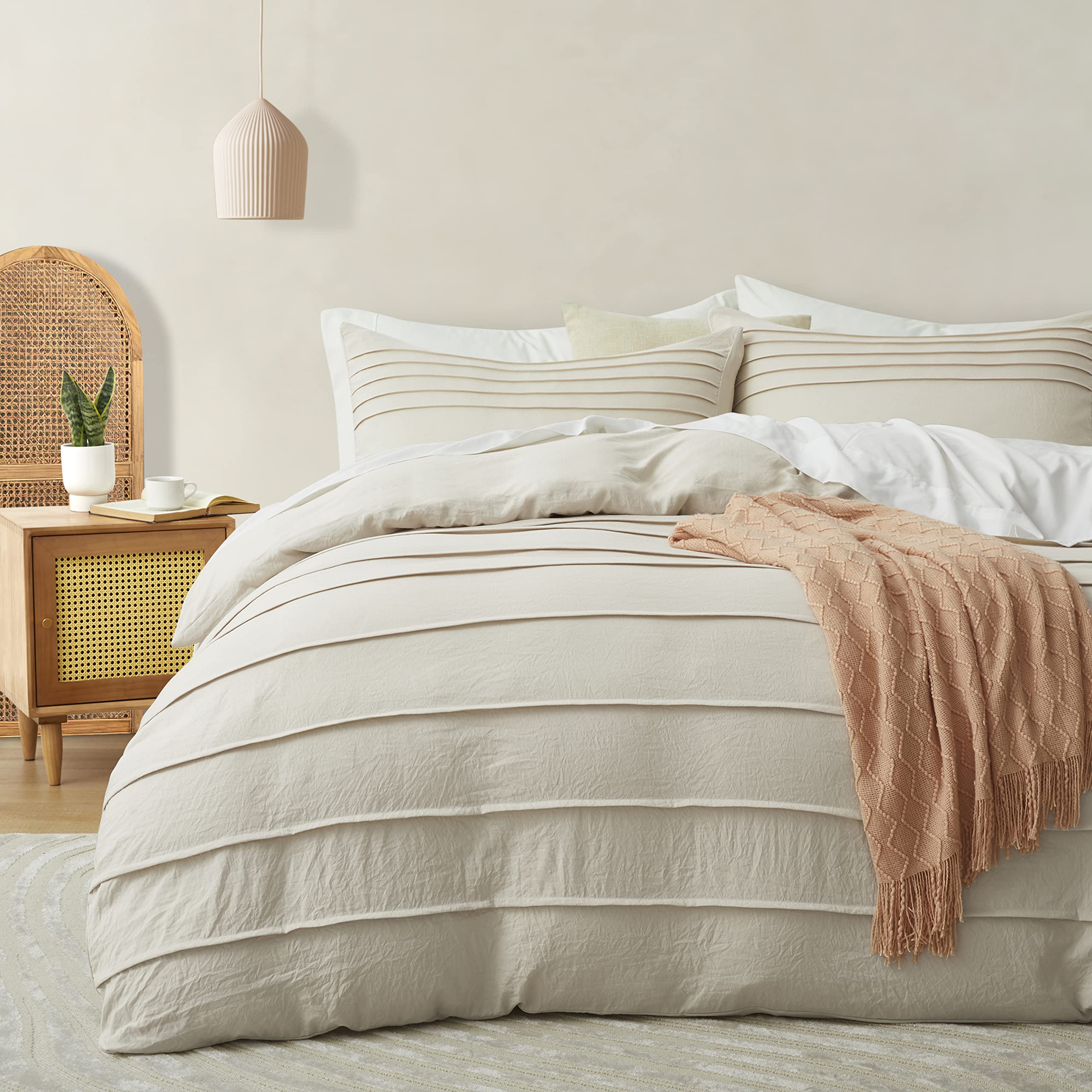 Oli Anderson Beige Duvet Cover Queen Size - Pleated Queen Duvet Cover, 3Pcs Soft And Breathable Textured Bedding Set With Zipper