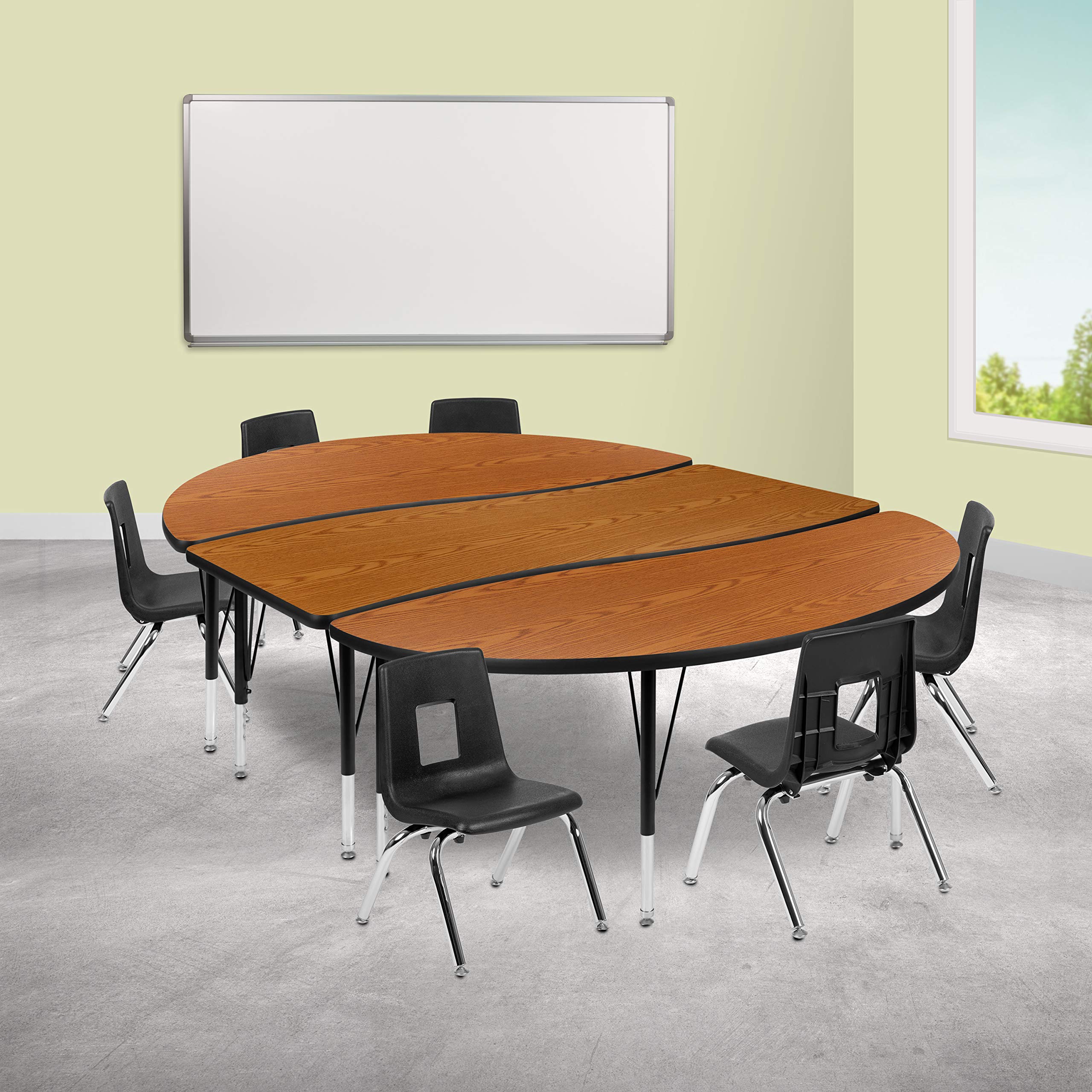 Flash Furniture 86' Oval Wave Collaborative Laminate Activity Table Set With 12' Student Stack Chairs, Oak/Black