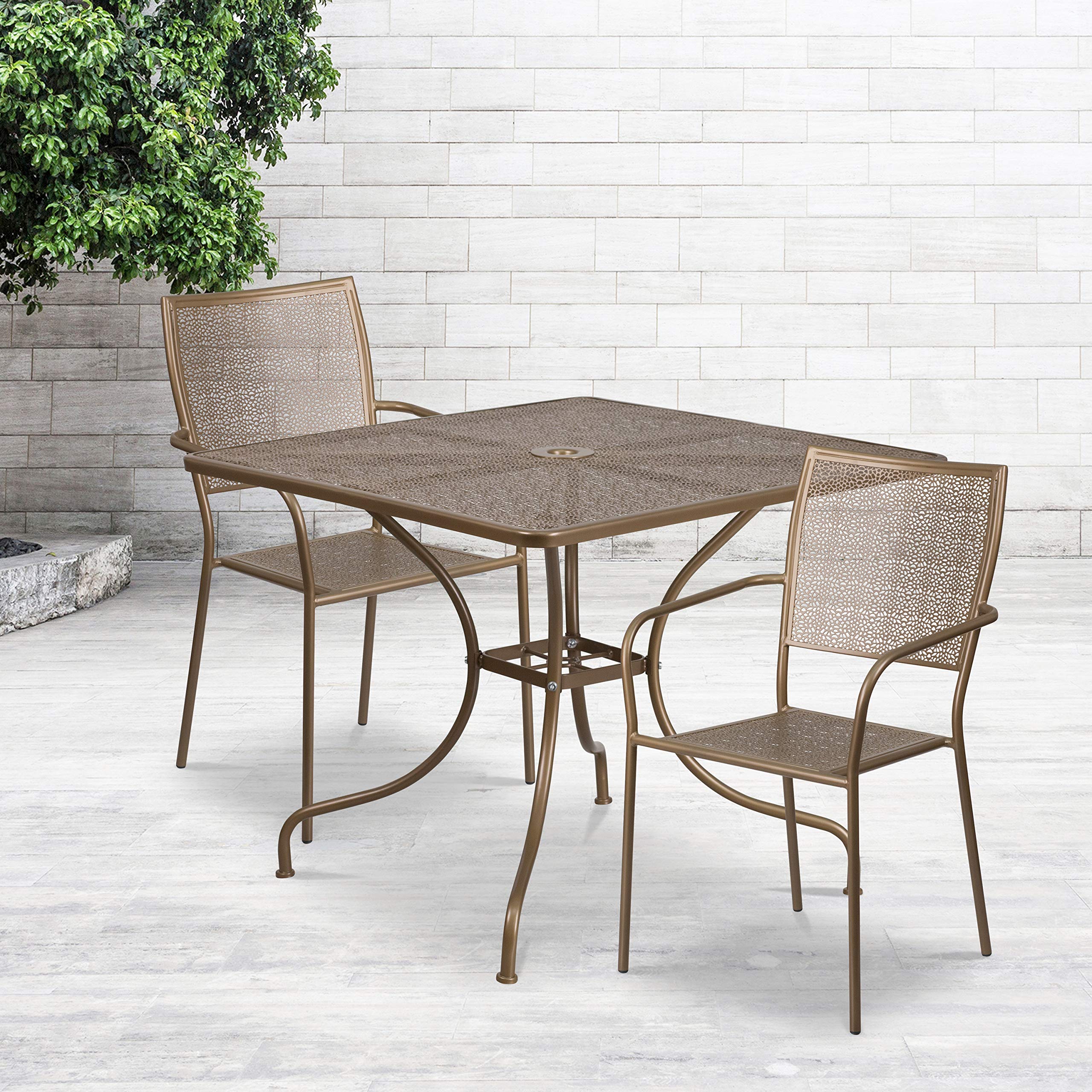 Flash Furniture Commercial Grade 35.5 Square Gold Indoor-Outdoor Steel Patio Table Set with 2 Square Back Chairs