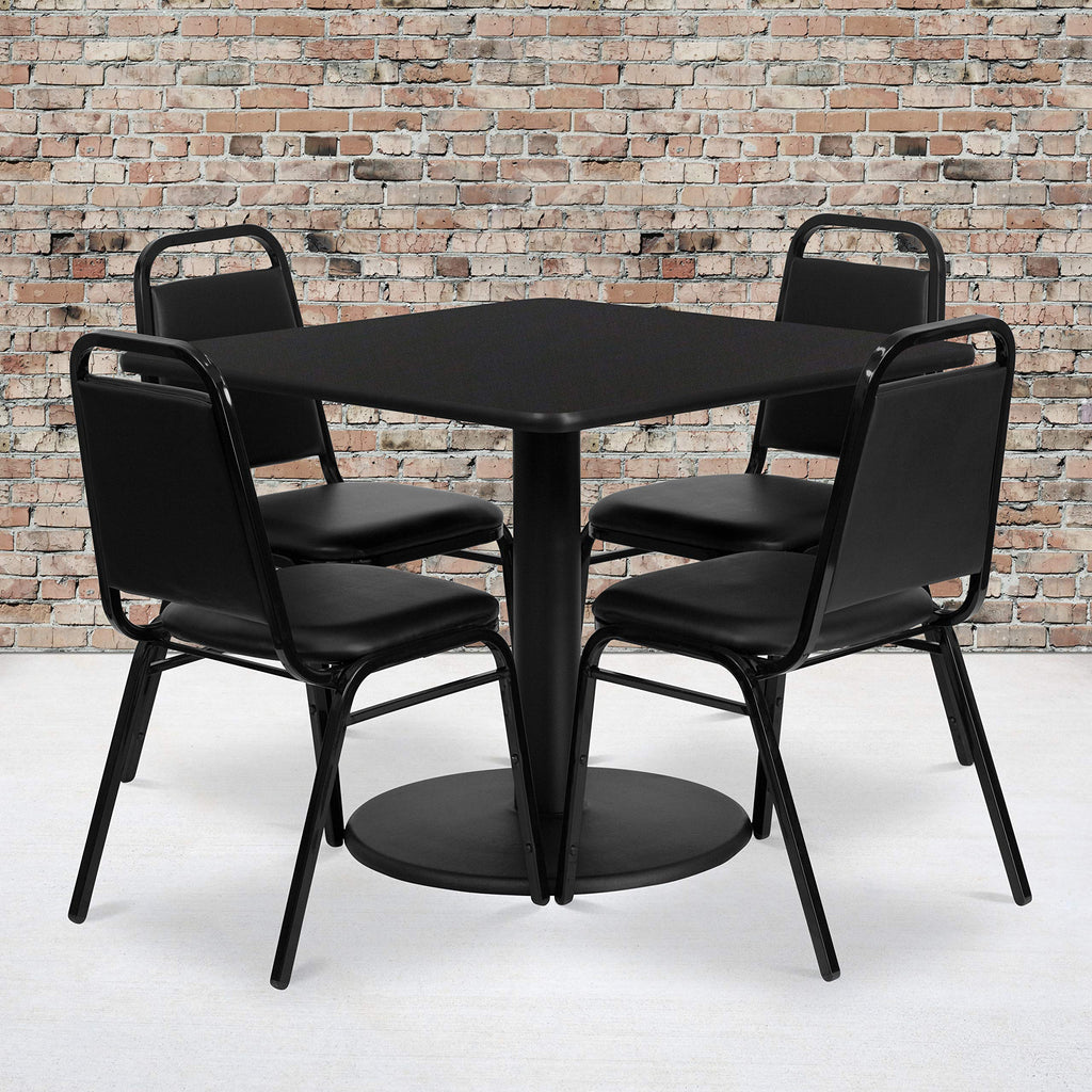 Flash Furniture Jamie 36'' Square Black Laminate Table Set with Round Base and 4 Black Trapezoidal Back Banquet Chairs