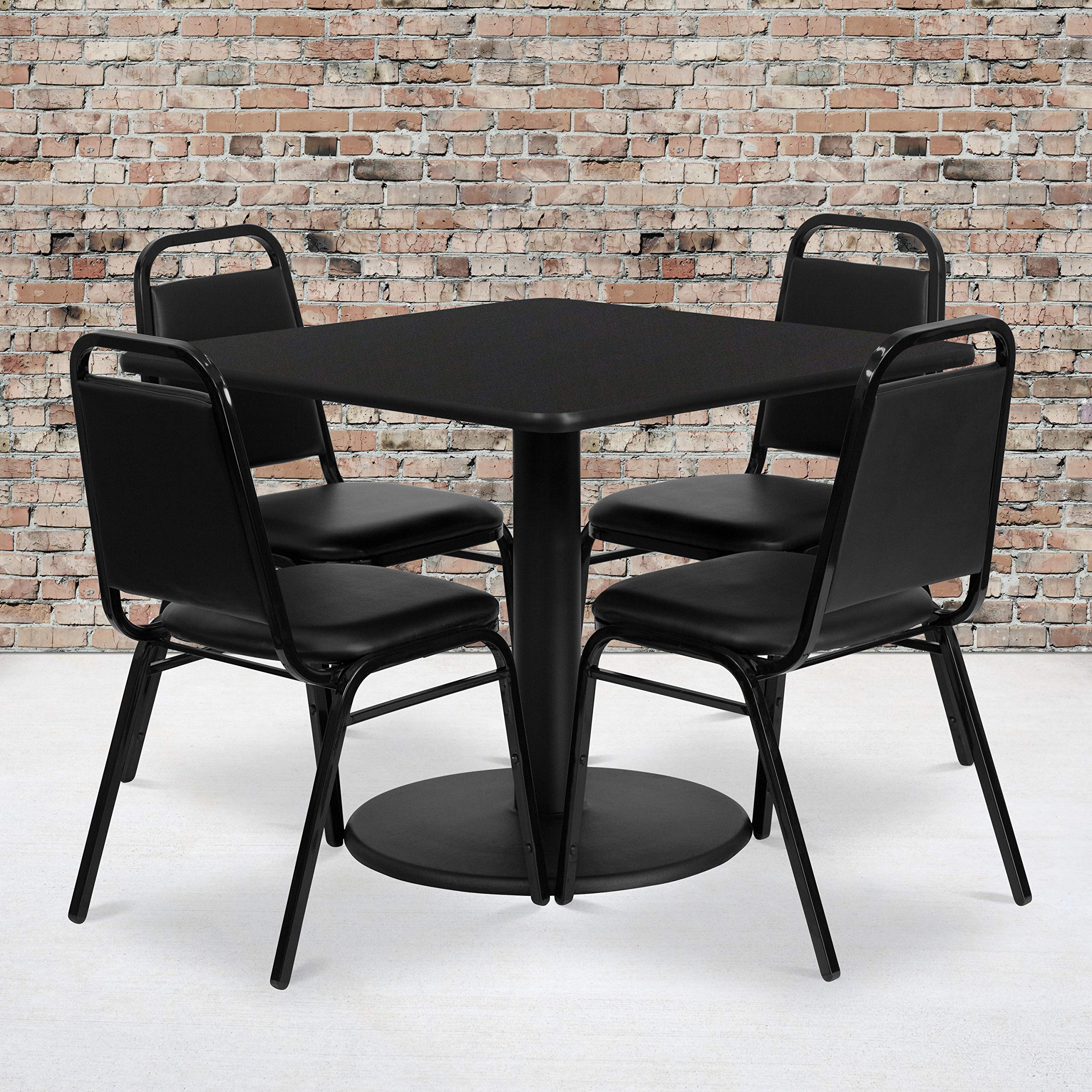 Flash Furniture Jamie 36'' Square Black Laminate Table Set with Round Base and 4 Black Trapezoidal Back Banquet Chairs