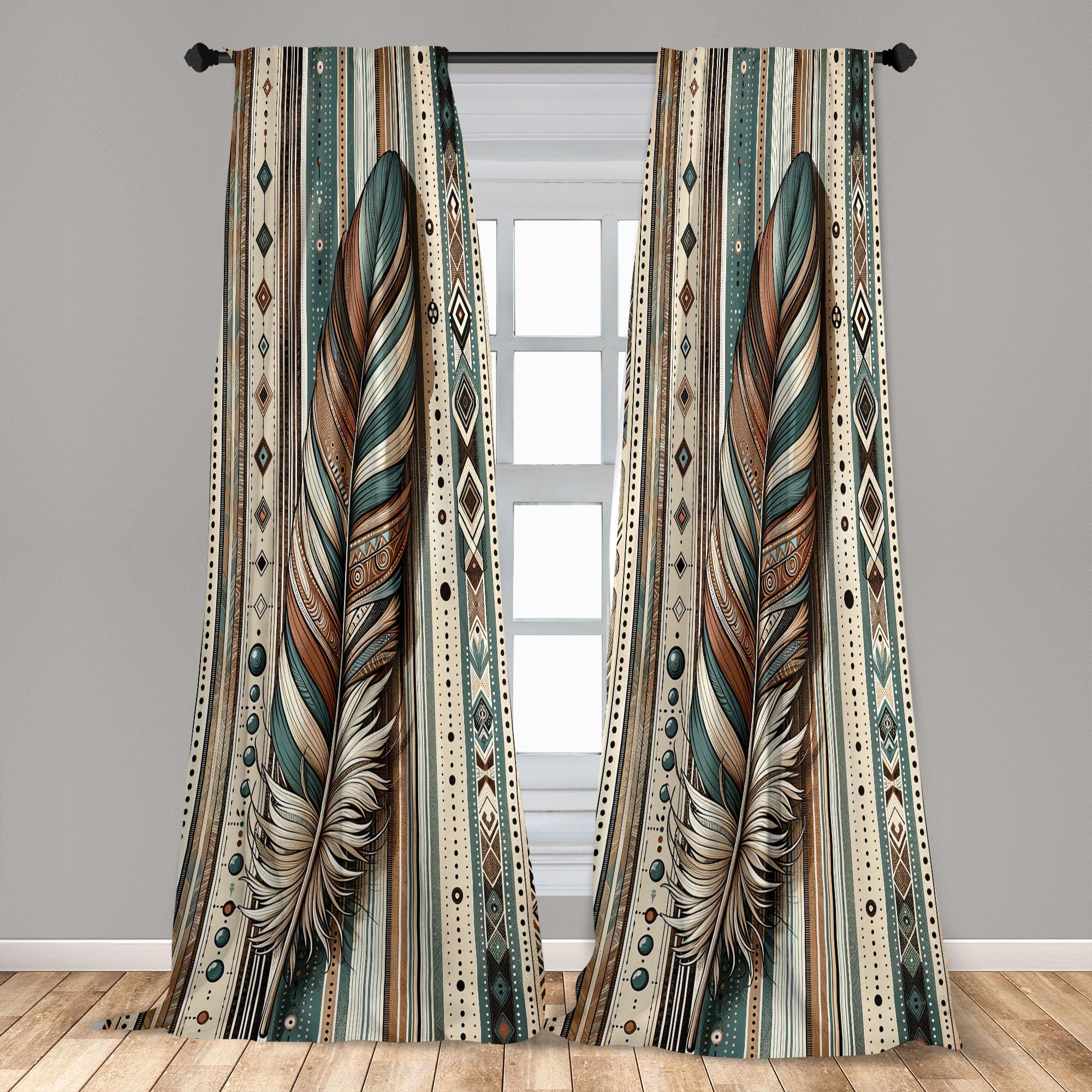 Ambesonne Bohemian Curtains, Bold And Big Feather Motif On Southwestern Inspired Striped Print, Window Treatments 2 Panel Set Fo