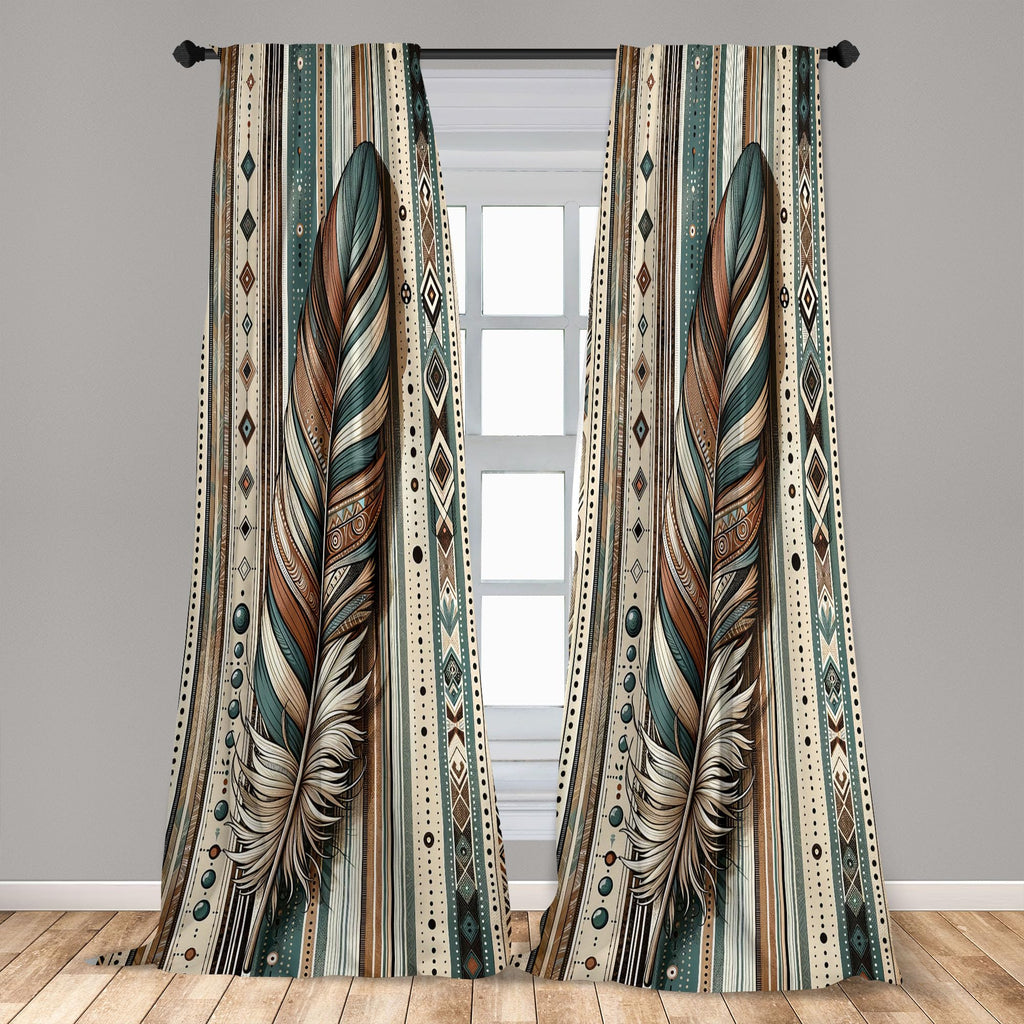 Ambesonne Bohemian Window Curtains Pack Of 2, Bold And Big Feather Motif On Southwestern Inspired Striped Print, Lightweight Set