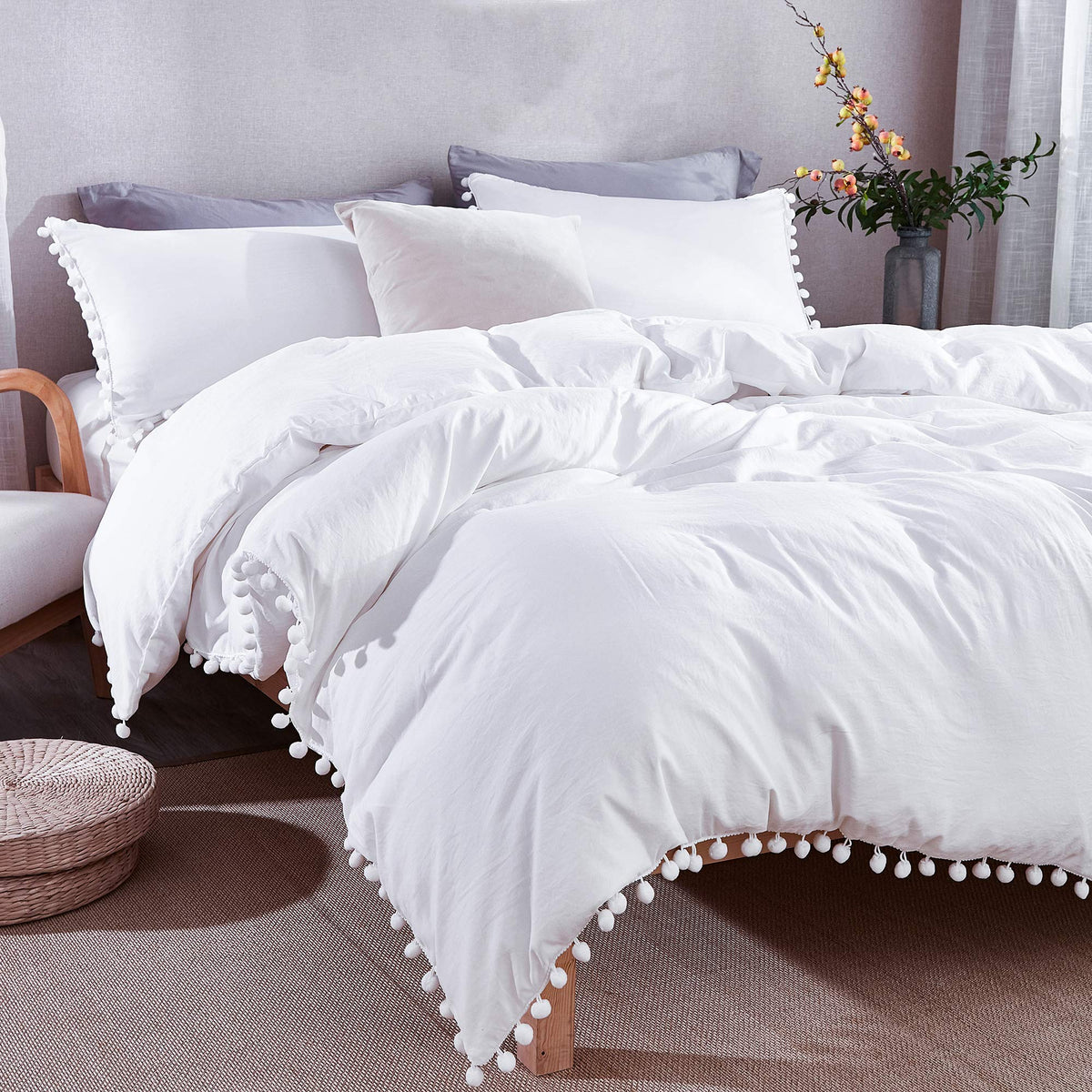 Andency Pom Pom Fringe Duvet Cover Twin Size (66X90 Inch), 2 Pieces (1 Solid White Duvet Cover, 1 Pillowcase) Soft Washed Microf