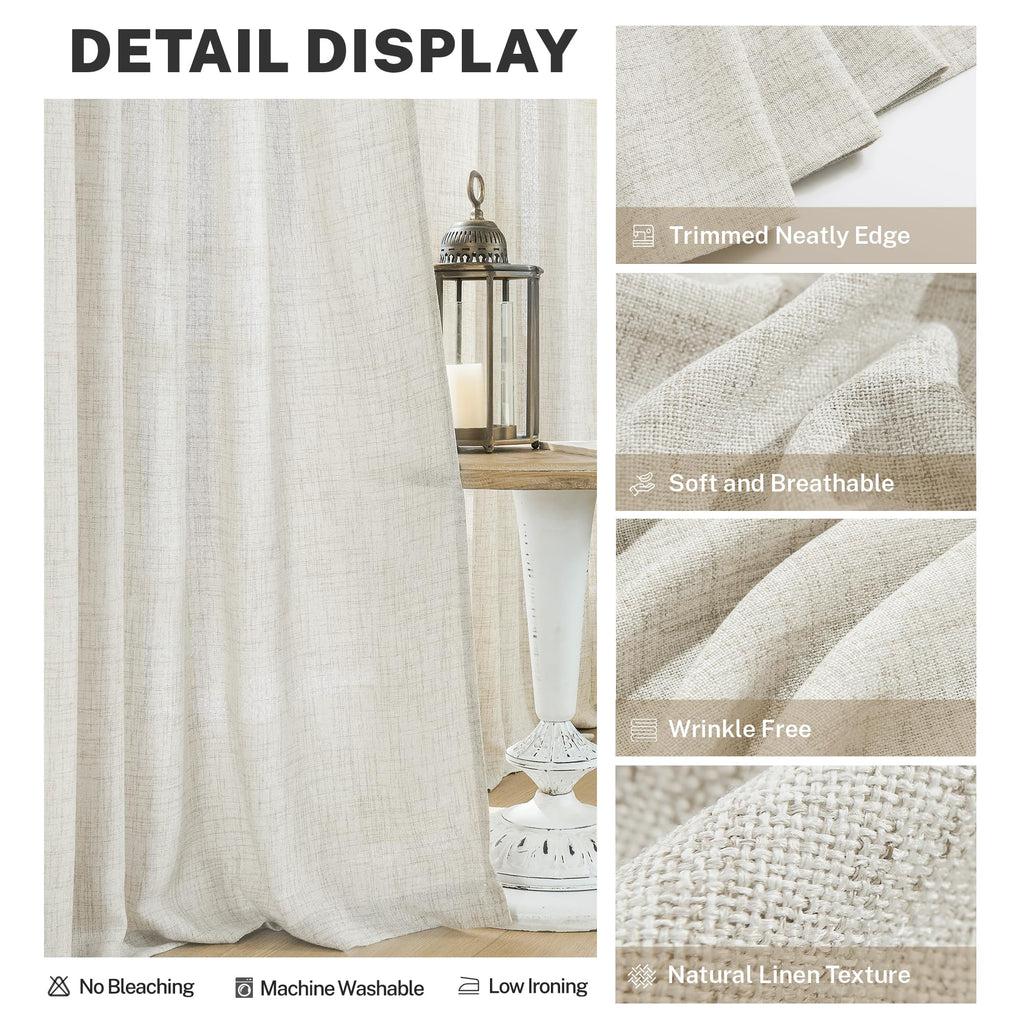 Meetbily Natural Linen Back Tab Curtains 92 Inch Long 2 Panels Set For Living Room Semi Sheer Light Filtering Window Drape Neutr