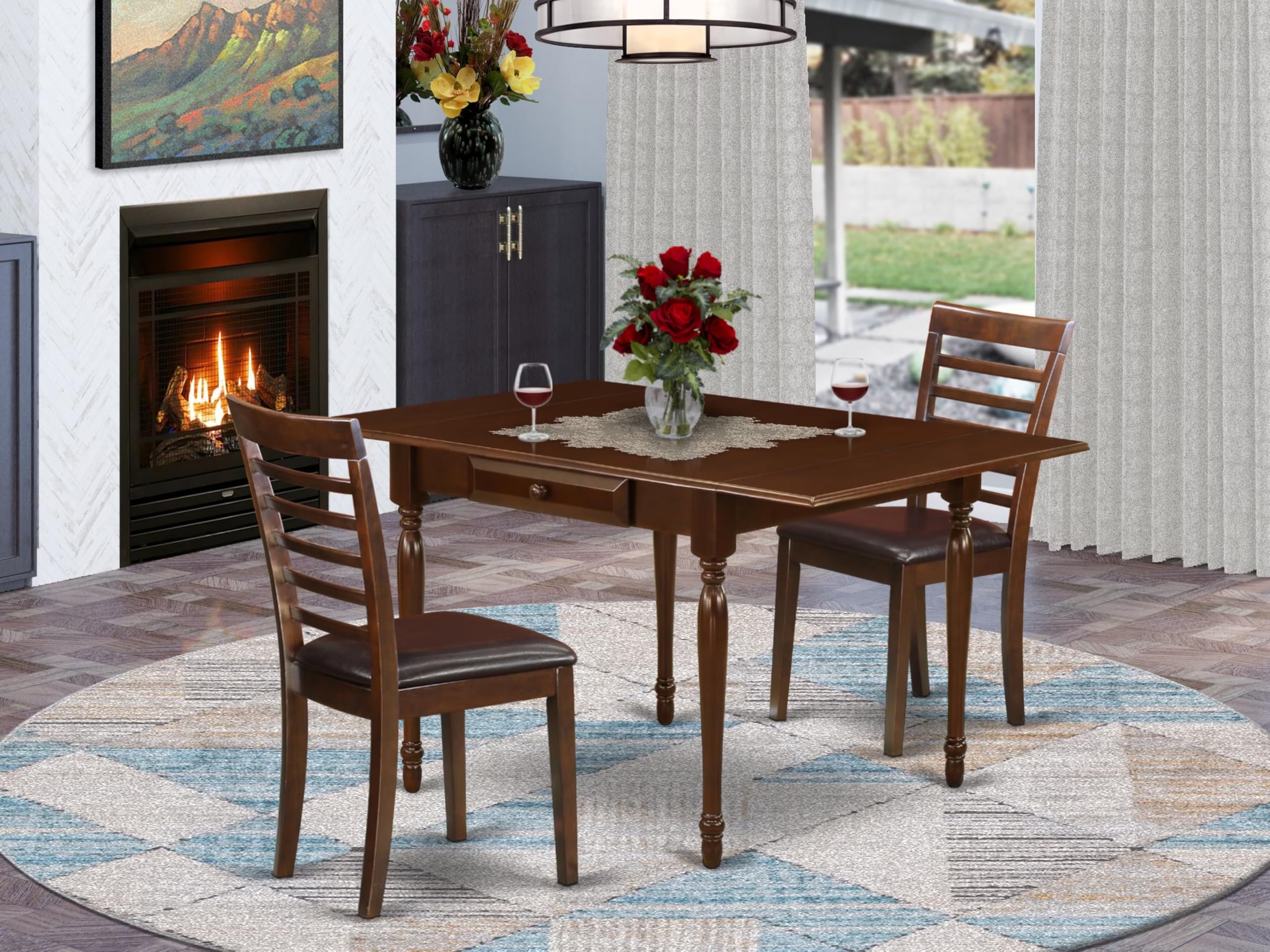 East West Furniture Mzml3-Mah-Lc 3 Piece Dining Room Furniture Set Contains A Rectangle Dining Table With Dropleaf And 2 Faux Leather Upholstered Chairs, 36X54 Inch, Mahogany