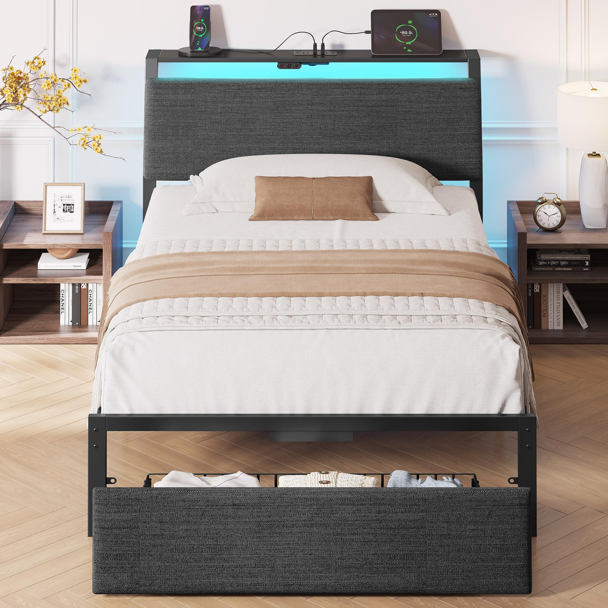 Rolanstar Twin Bed Frame with Ergonomic Headboard Storage & Charging Station, Upholstered Platform Bed with LED Light & Drawer, 