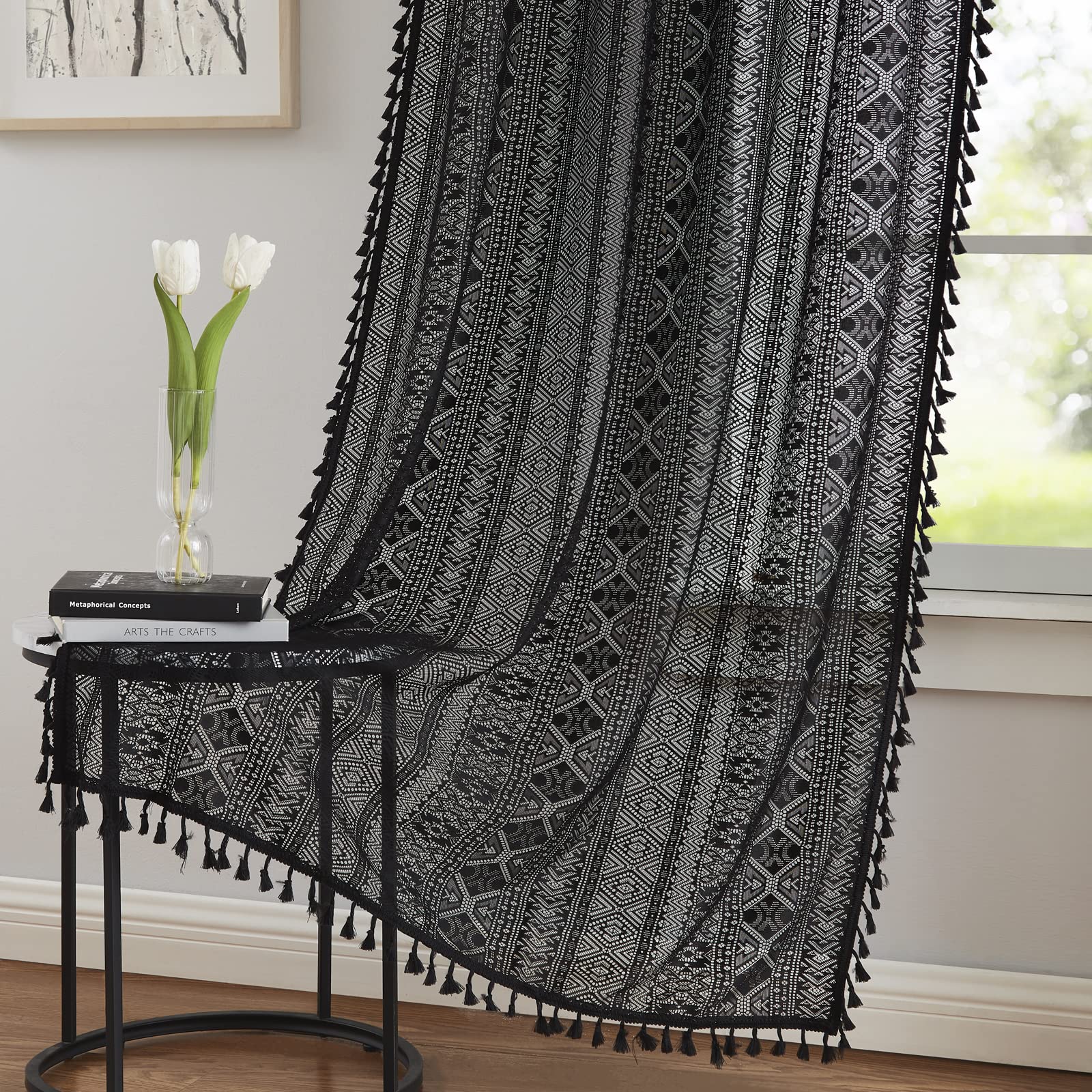 Ronaldecor Black Boho Linen Textured Tassel Sheer Lace Curtains, Chic Crochet Geometry Knitting Rod Pocket Window Drapes for Liv