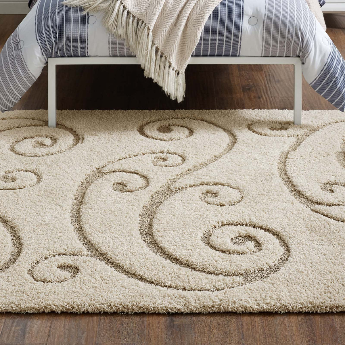 Modway Jubilant Sprout Scrolling Vine 5X8 Area Rug With High-Low Shag Pile In Creame And Beige