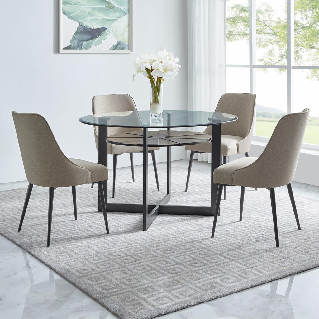 Steve Silver Furniture Olson Counter Table, 48" Round Glass Table Top w/Iron Trestle Base w/Birch Wood Veneers, Mid-Centruy Design, 36" Table Height, (Table Only), 48" L x 48" W x 36" H, Grey