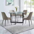 Steve Silver Furniture Olson Counter Table, 48" Round Glass Table Top w/Iron Trestle Base w/Birch Wood Veneers, Mid-Centruy Design, 36" Table Height, (Table Only), 48" L x 48" W x 36" H, Grey