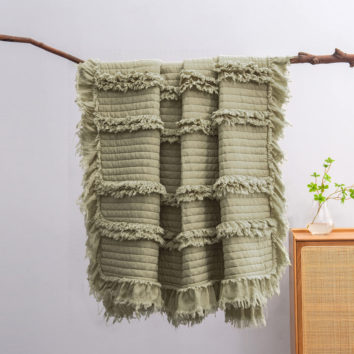 Ultra Soft Pre-Washed Quilted Throw Blanket, Ruffle Fringed Sage Green Decorative Throw, Stone Washed Chic Rustic Blanket For So