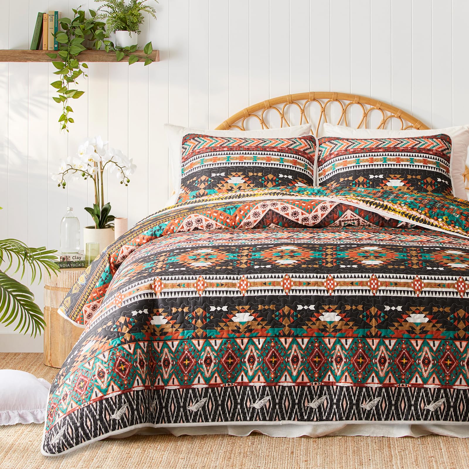 3 Pieces Colorful Bohemian Quilt Set King Size, Brown Boho Striped Printed Bedding Bedspread Coverlet Set For Summer, Soft Light