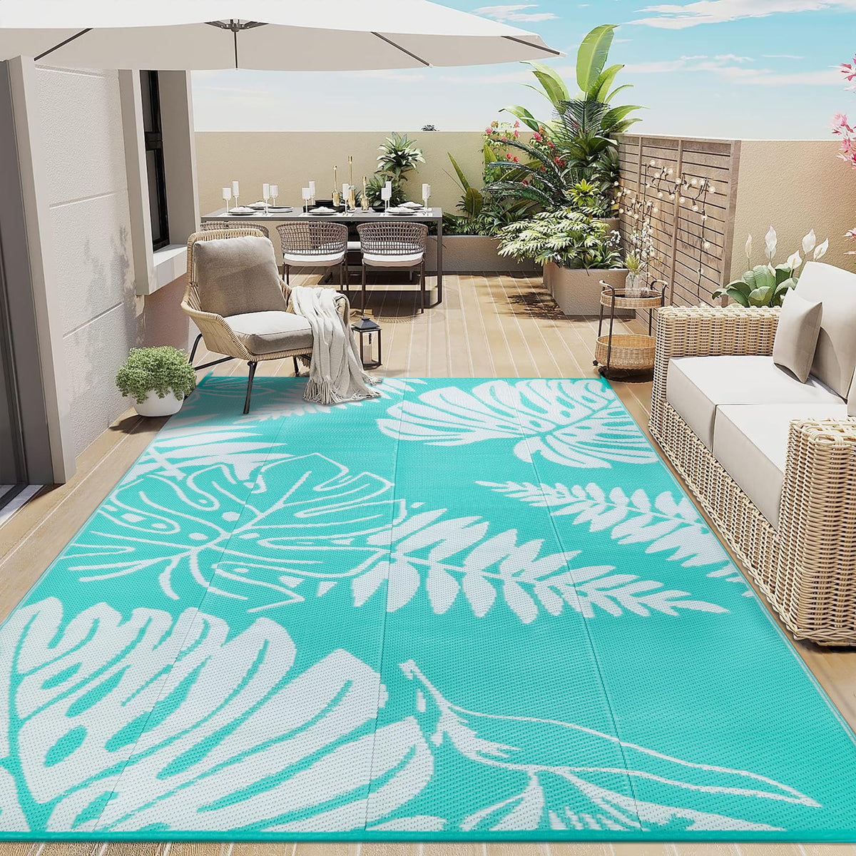 Purecozy Outdoor Plastic Straw Rug Leaf Waterproof Indoor Blue Outdoor Patio Rug 6X9 Carpet Tropical Reversible Mat Teal Washabl