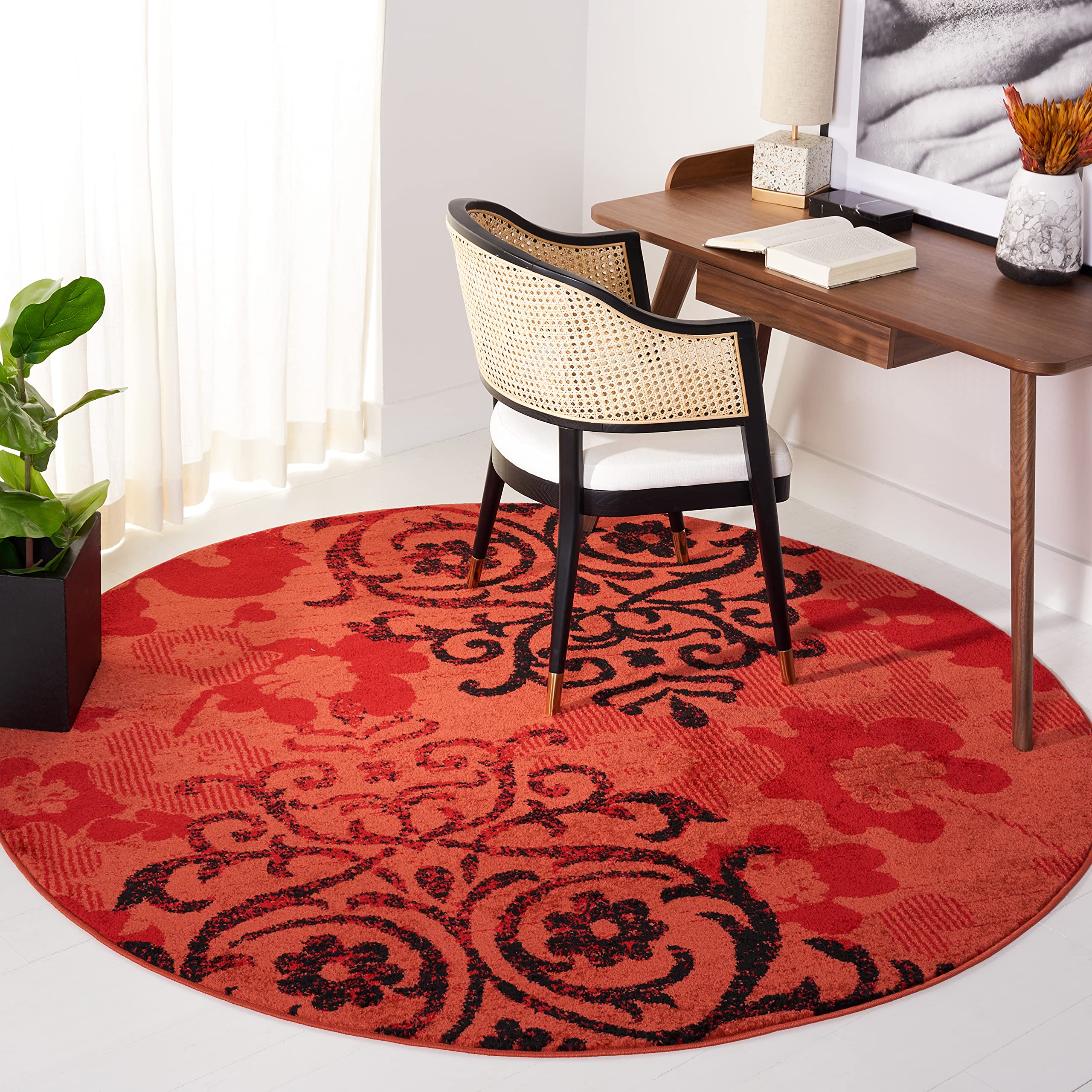 SAFAVIEH Adirondack Collection Area Rug - 67 Round, Red & Black, Floral Glam Damask Distressed Design, Non-Shedding & Easy Care