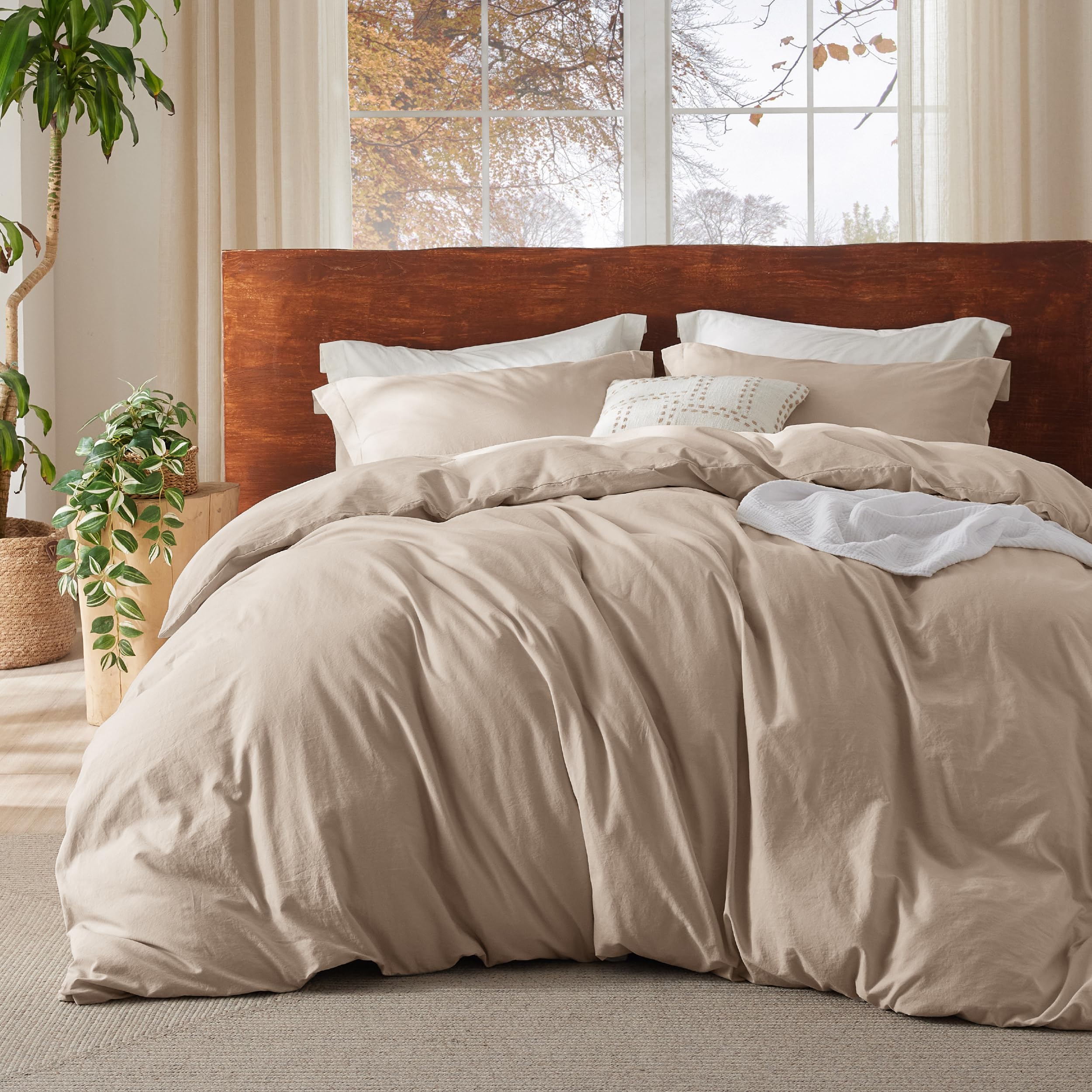 Bedsure 100% Washed Cotton Duvet Cover Queen - Warm Sand Minimalist Duvet Cover Set Linen Like - 3 Pieces Gentlesoft™ Plain Simple Duvet Cover Set For All Seasons (Warm Sand, Queen, 90'X90')