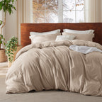 Bedsure 100% Washed Cotton Duvet Cover King Size - Warm Sand Minimalist Duvet Cover Linen Like - 3 Pieces Gentlesoft™ Plain Simple Cotton Bedding Set With 2 Pillow Shams (Warm Sand, King, 104'X90')