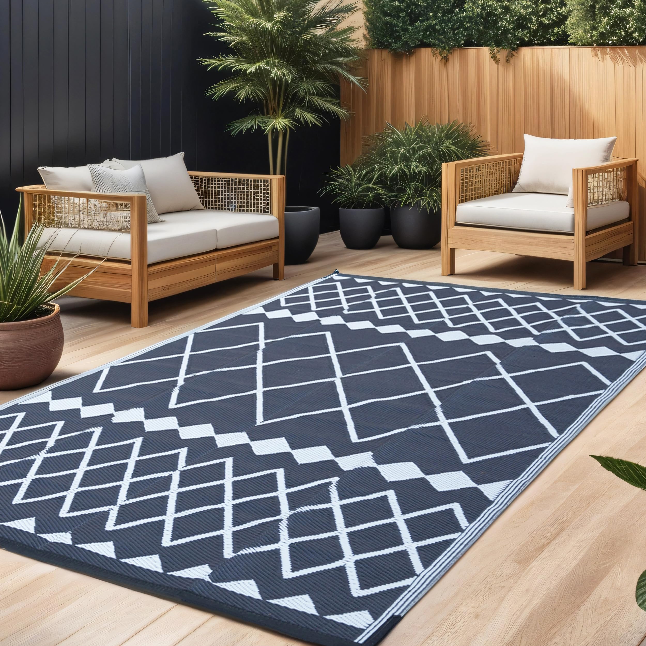 Rurality Outdoor Rugs 9X12 For Patios Clearance,Large Waterproof Rug For Deck,Backyard,Balcony,Plastic Straw Mats For Camping,Reversible,Geometric