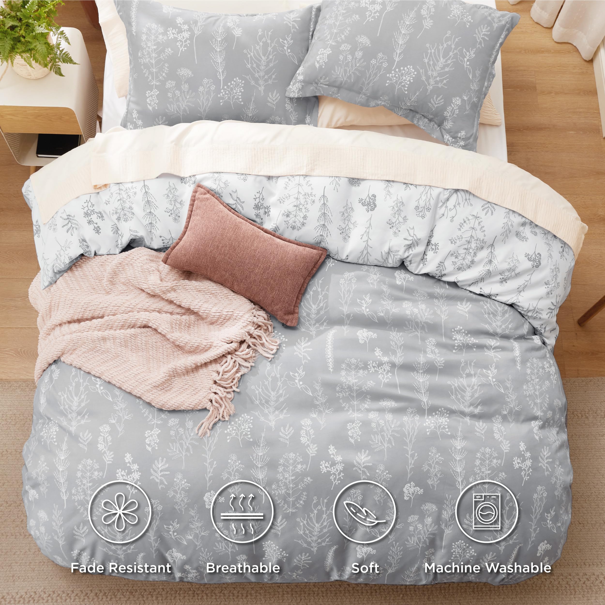 Bedsure Twin/Twin Xl Duvet Cover - Reversible Grey Duvet Cover Set With Zipper Closure, Cute Floral Botanical Pattern Bedding Comforter Cover, 1 Duvet Cover 68'X90' And 1 Pillow Sham 20'X26'