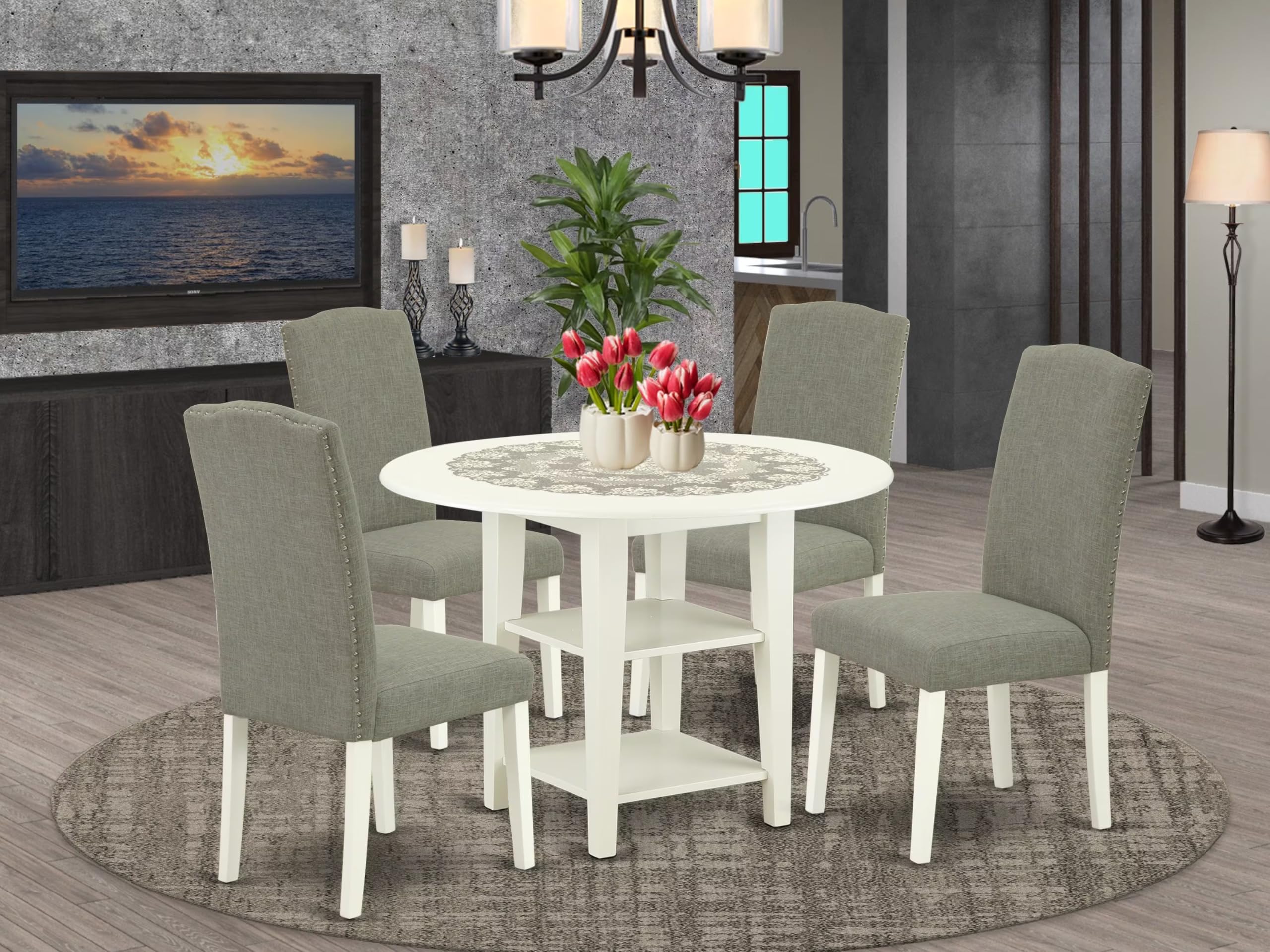 East West Furniture Suen5-Lwh-06 5 Piece Kitchen Table Set For 4 Includes A Round Dining Table With Dropleaf & Shelves And 4 Dark Shitake Linen Fabric Parsons Chairs, 42X42 Inch, Linen White