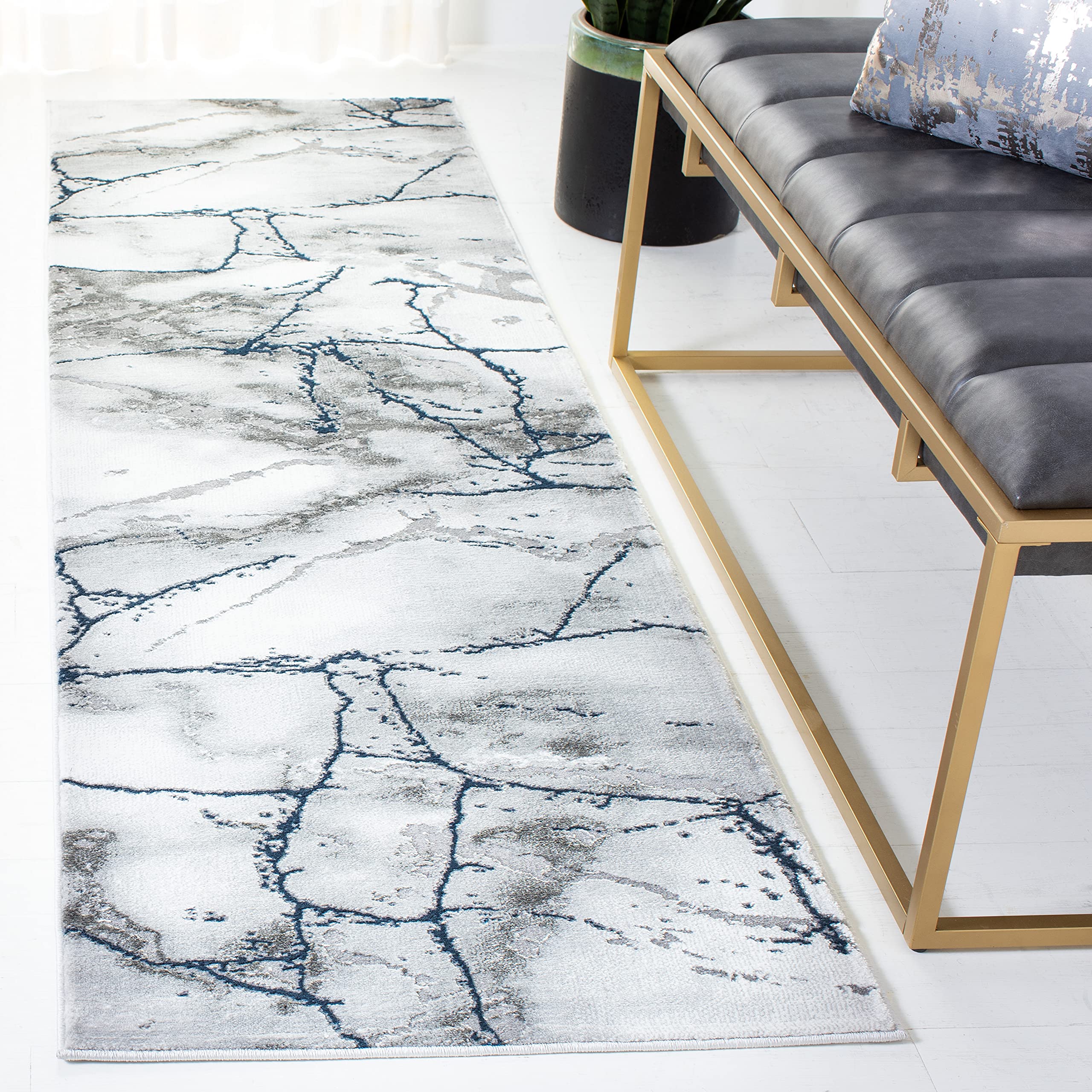 SAFAVIEH Craft Collection Runner Rug - 23 x 8, Ivory Grey & Blue, Modern Abstract Design, Non-Shedding & Easy Care, Ideal for 