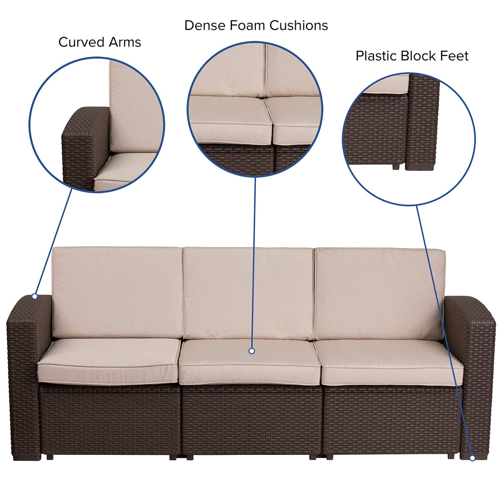 Flash Furniture Seneca Chocolate Brown Faux Rattan Sofa with All-Weather Beige Cushions