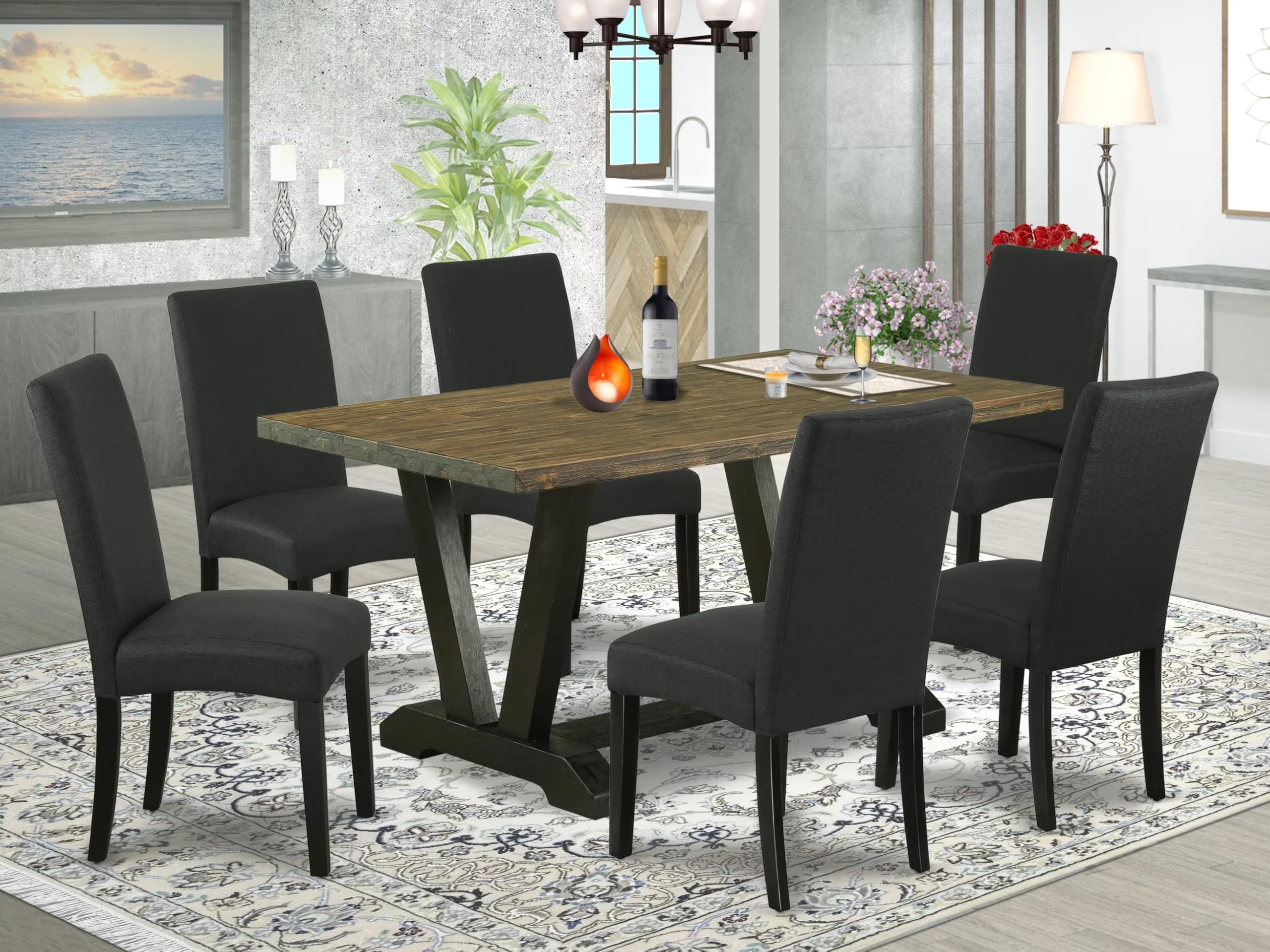 East West Furniture V676Dr124-7 7 Piece Dining Room Table Set Consist Of A Rectangle Dining Table With V-Legs And 6 Black Color Linen Fabric Upholstered Chairs, 36X60 Inch, Multi-Color