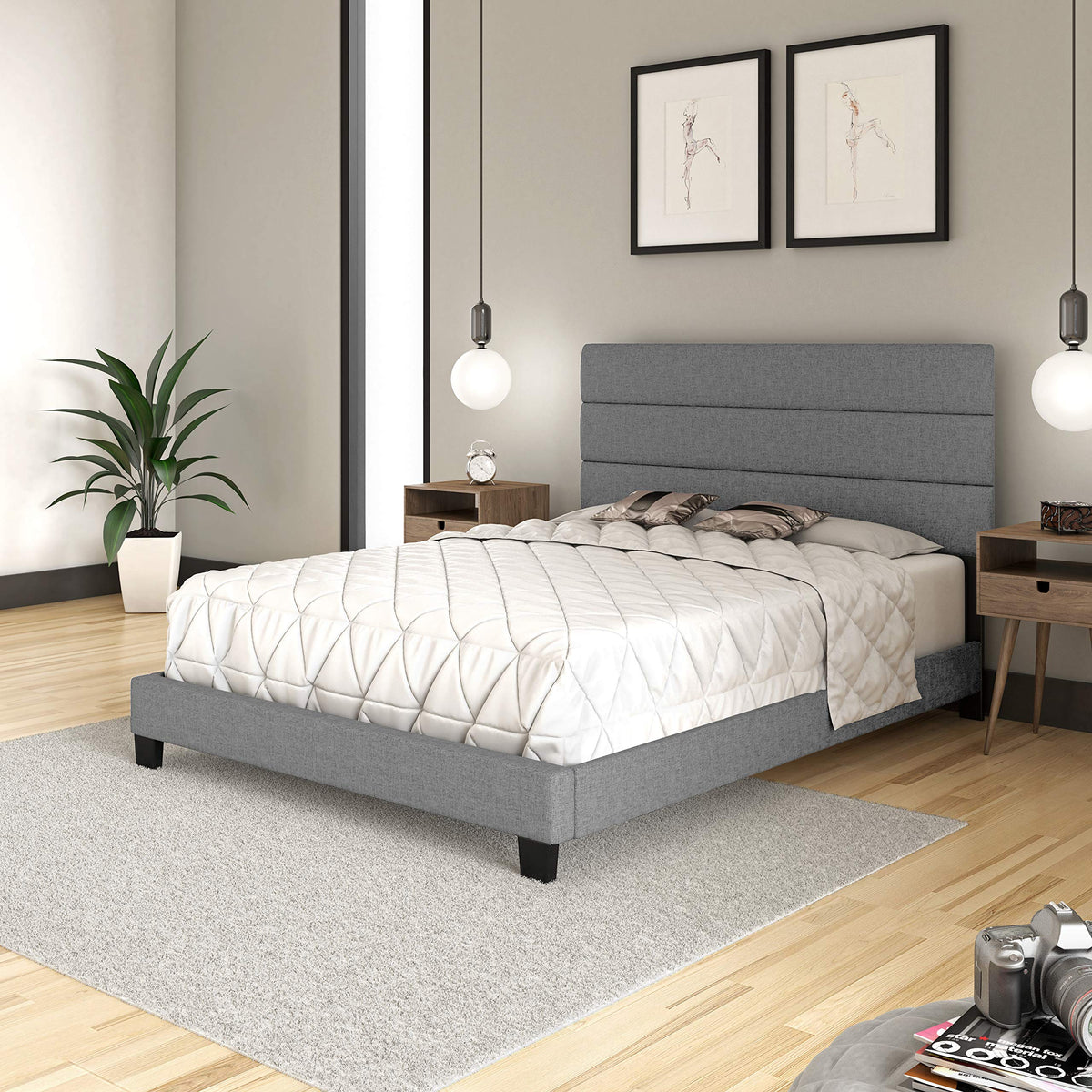 Boyd Sleep Ravenna Upholstered Platform Bed Frame Mattress Foundation With Tri-Panel Headboard And Strong Wood Slat Supports: Linen, Grey, Queen