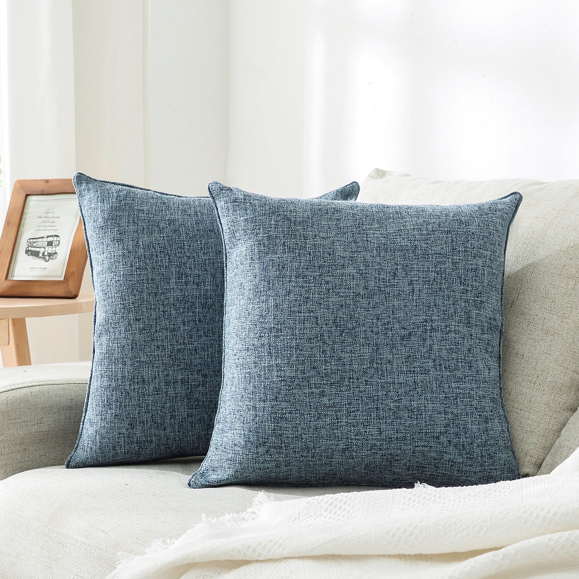 Hpuk Linen Throw Pillow Covers Pack Of 2, 20X20 Inch Accent Cushion Covers For Living Room, Bedroom, Decorative Solid Color Pillow Covers For Couch, Sofa, Chair, Blue