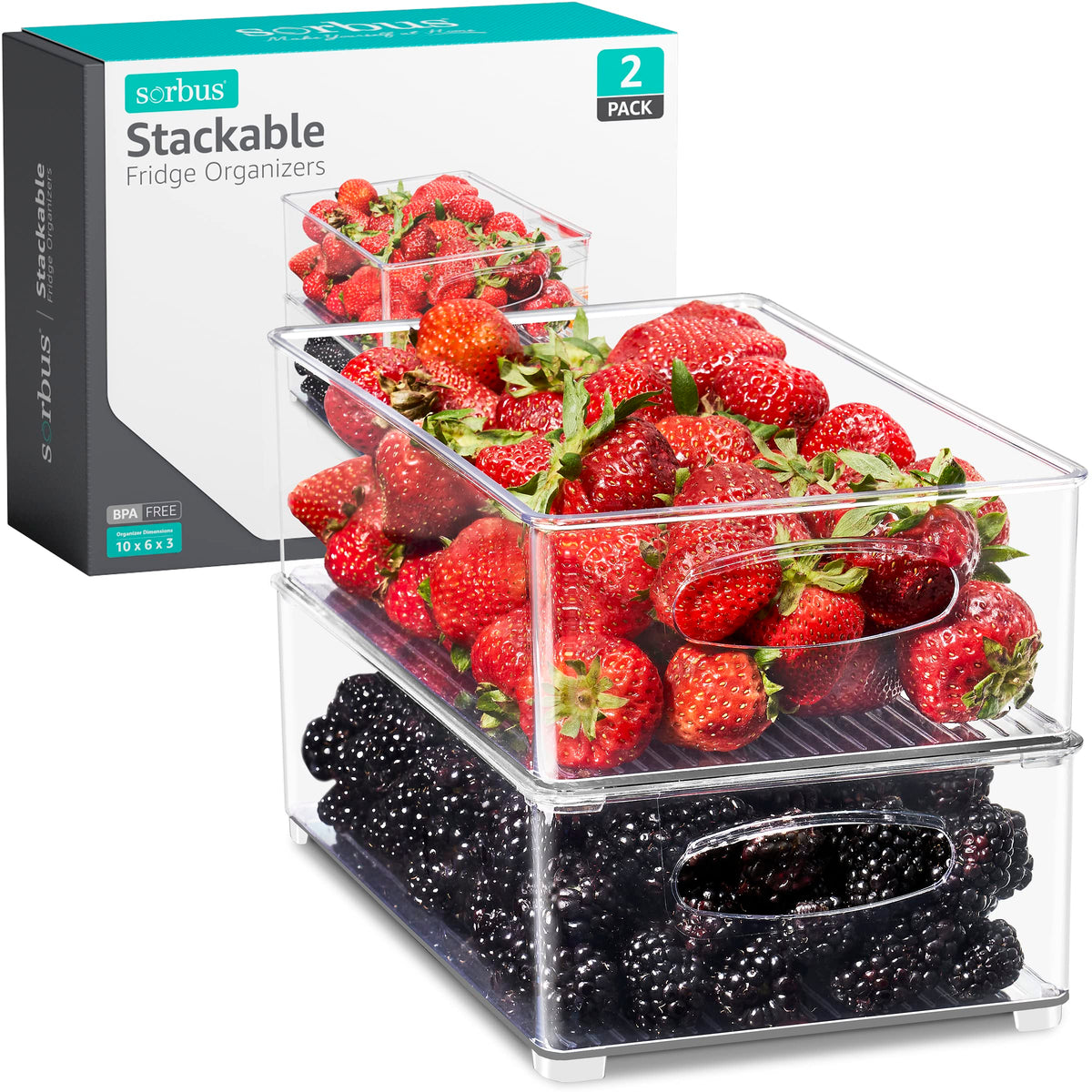 Sorbus Fridge Organizers and Storage, Clear Stackable Bins (Medium, 2 Pack)