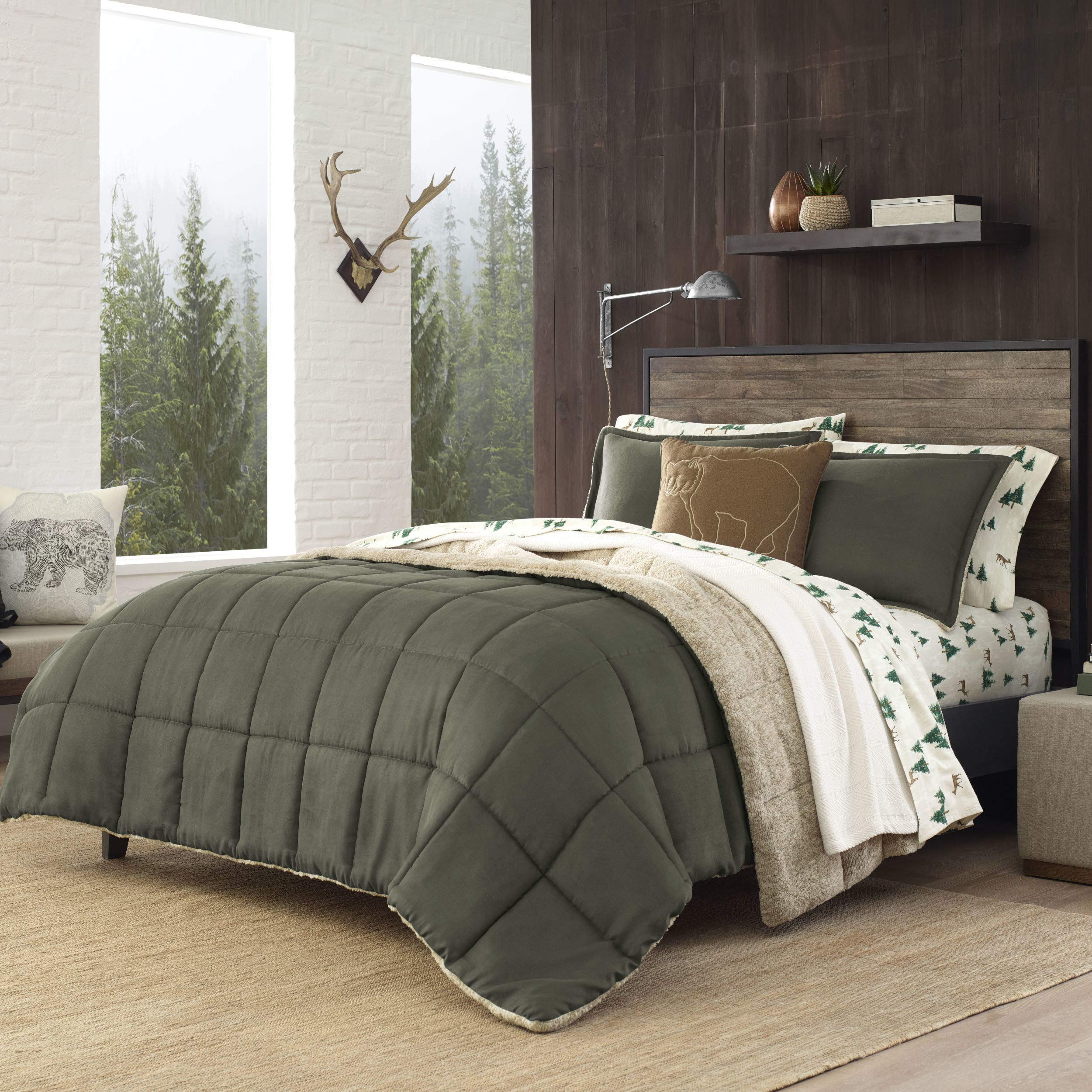 Eddie Bauer - Twin Comforter Set, Reversible Sherpa Bedding With Matching Shams, Cozy & Warm Home Decor (Sherwood Green, Twin)