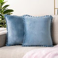 Pavilia Dusty Blue Throw Pillow Covers With Pom Pom 18X18 Set Of 2, Decorative Pillow Cases For Bedroom Aesthetic, Small Throw P