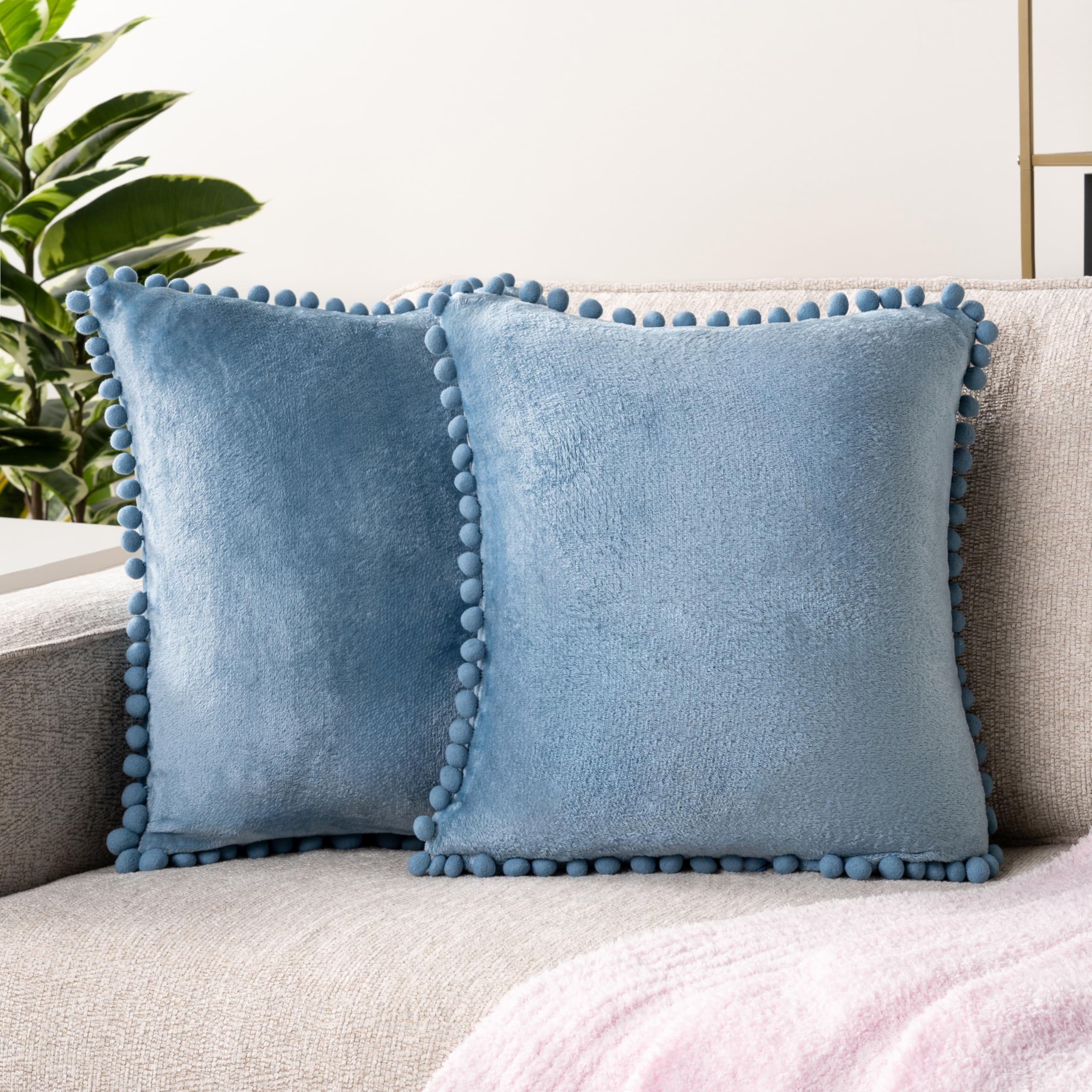 Pavilia Dusty Blue Throw Pillow Covers With Pom Pom 18X18 Set Of 2, Decorative Pillow Cases For Bedroom Aesthetic, Small Throw P