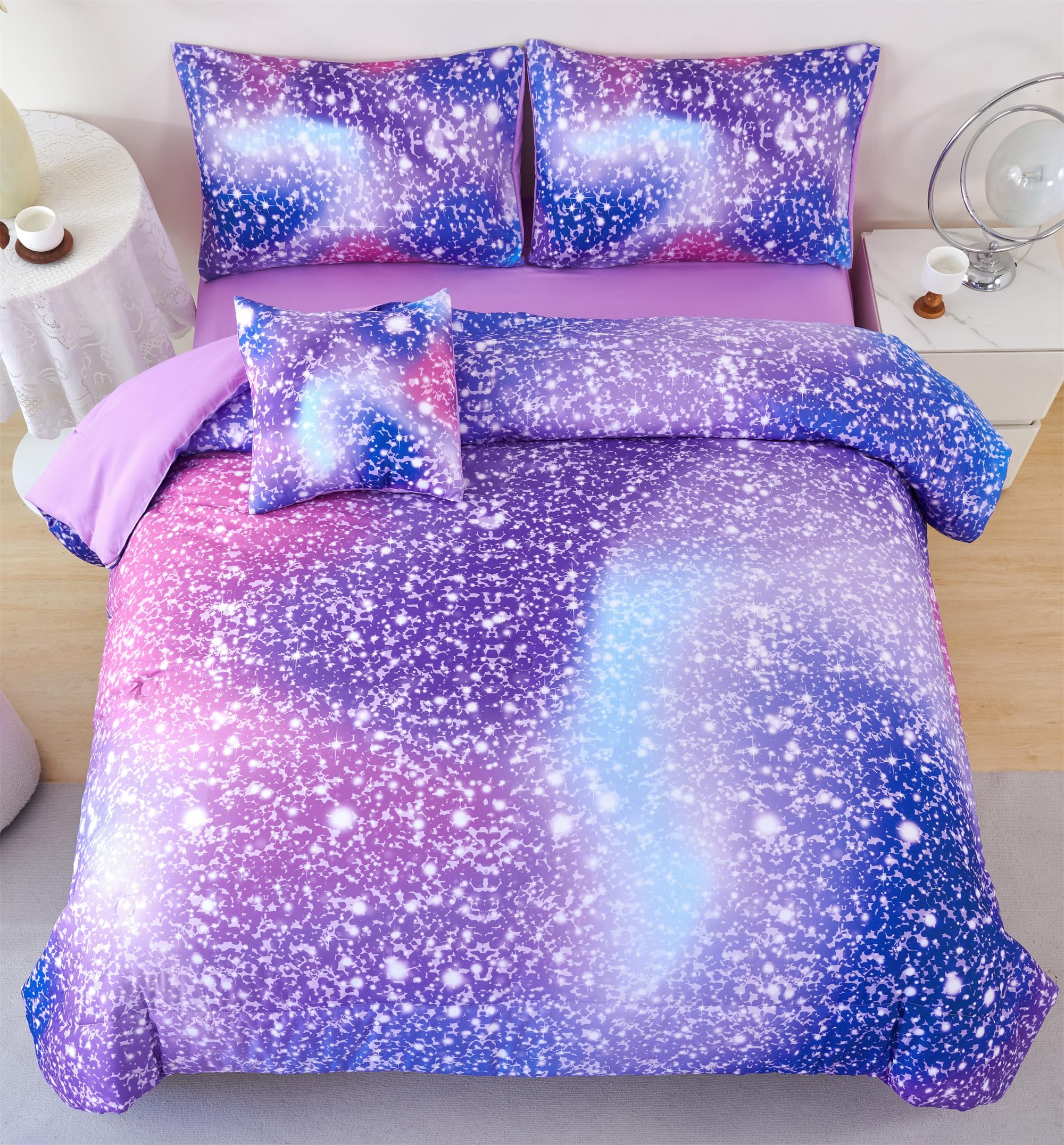 Rynghipy 6Pcs Girls Bedding Set Twin Size Purple Rainbow Comforter Set For Kids Teens Girls Glitter Bed In A Bag Lightweight Flu