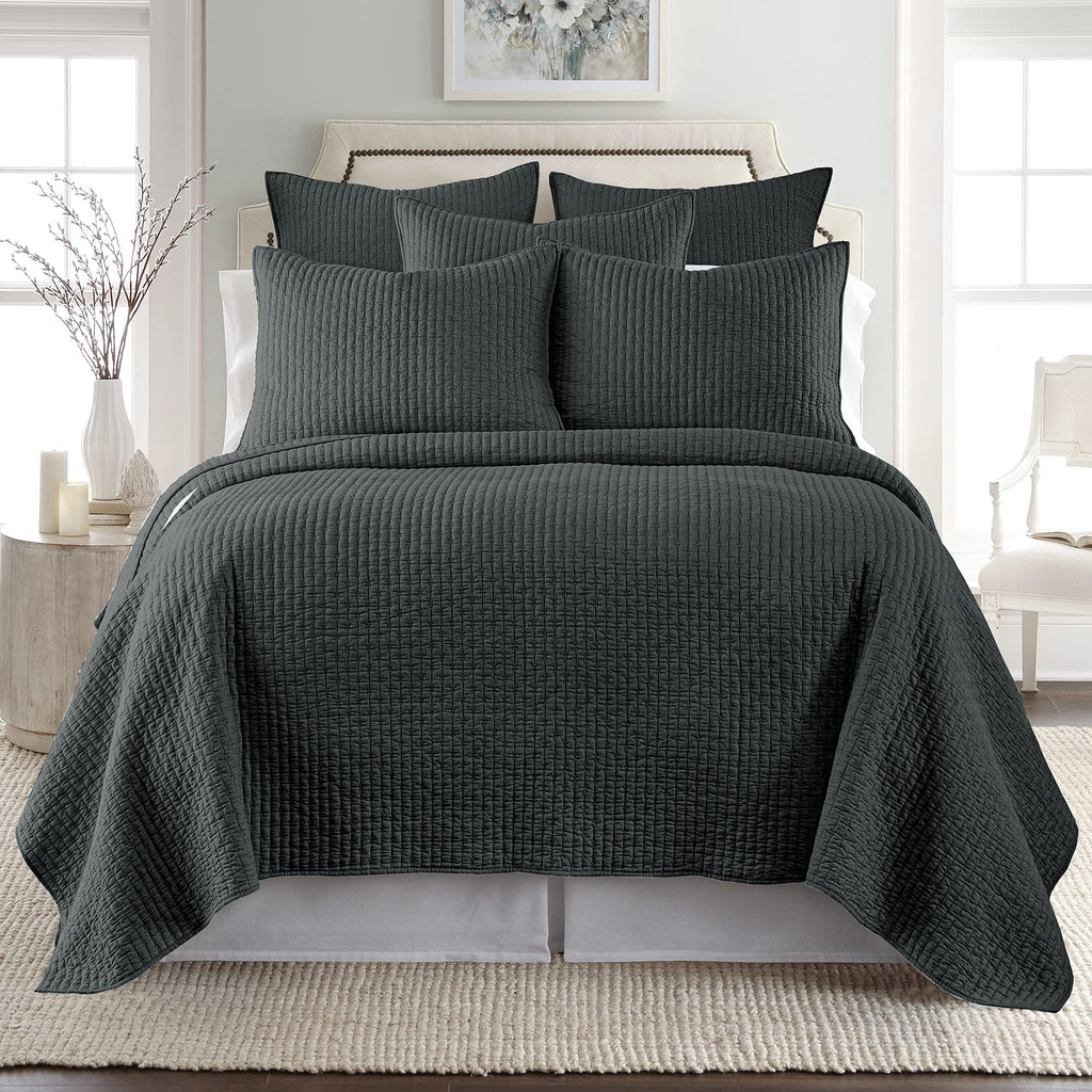 Levtex Home - Cross Stitch Charcoal Quilt Set - 100% Cotton - King/Cal King Quilt (106X92In.) + 2 King Shams (36X20In.) - Revers