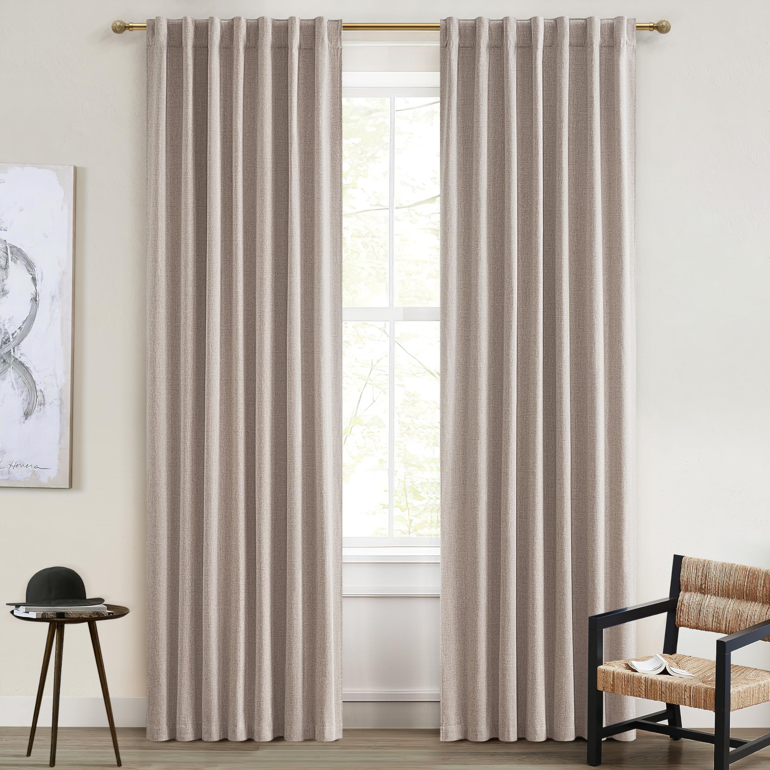 QJmydeco 100% Blackout Thick Linen Boho Curtains 86 Inches Long for Dining Room, Room Darkening Heavy Burlap Pleated Drapes Ener