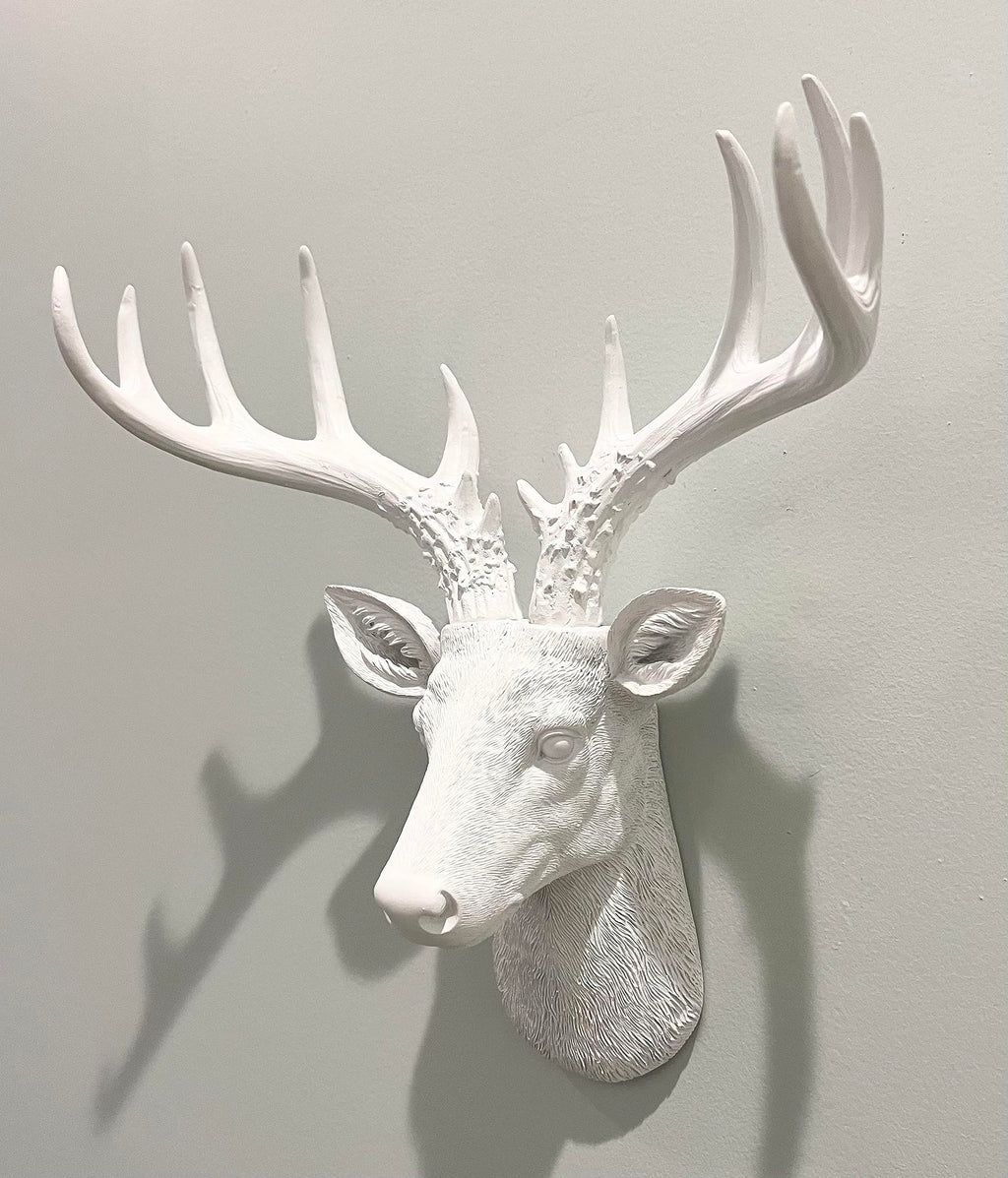 Top Brass 12 1/2'' Faux White Deer Head/White Antlers Wall Decor - Modern Minimalism Taxidermy Art Sculpture