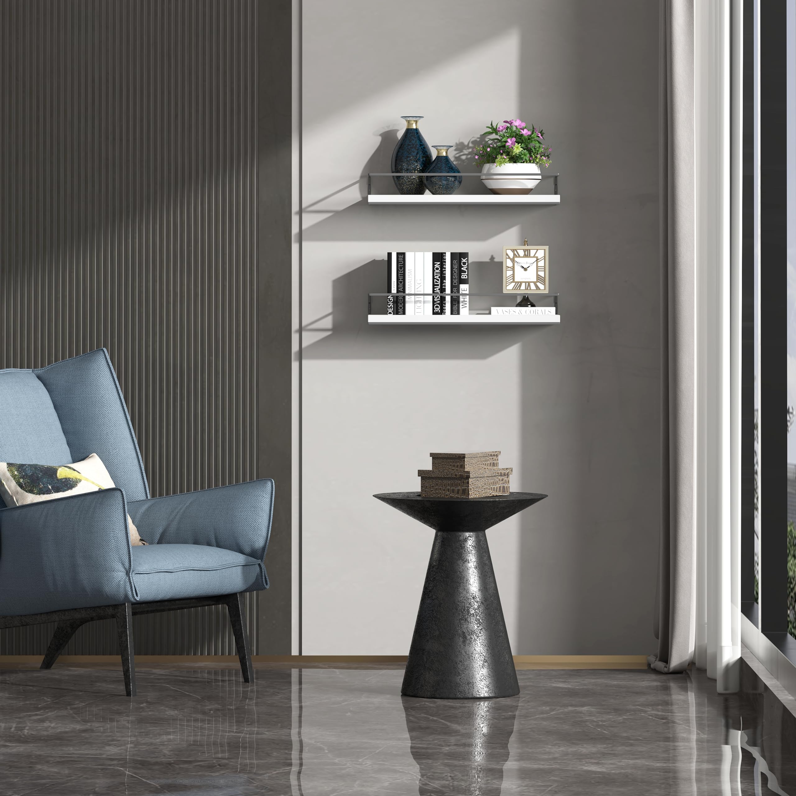 Shario Floating Shelves - Set Of 2, Wall Mounted Hanging Shelves With Golden Towel Rack, Decorative Storage Shelves For Bathroom, Kitchen, Living Room & Bedroom (White Grey)