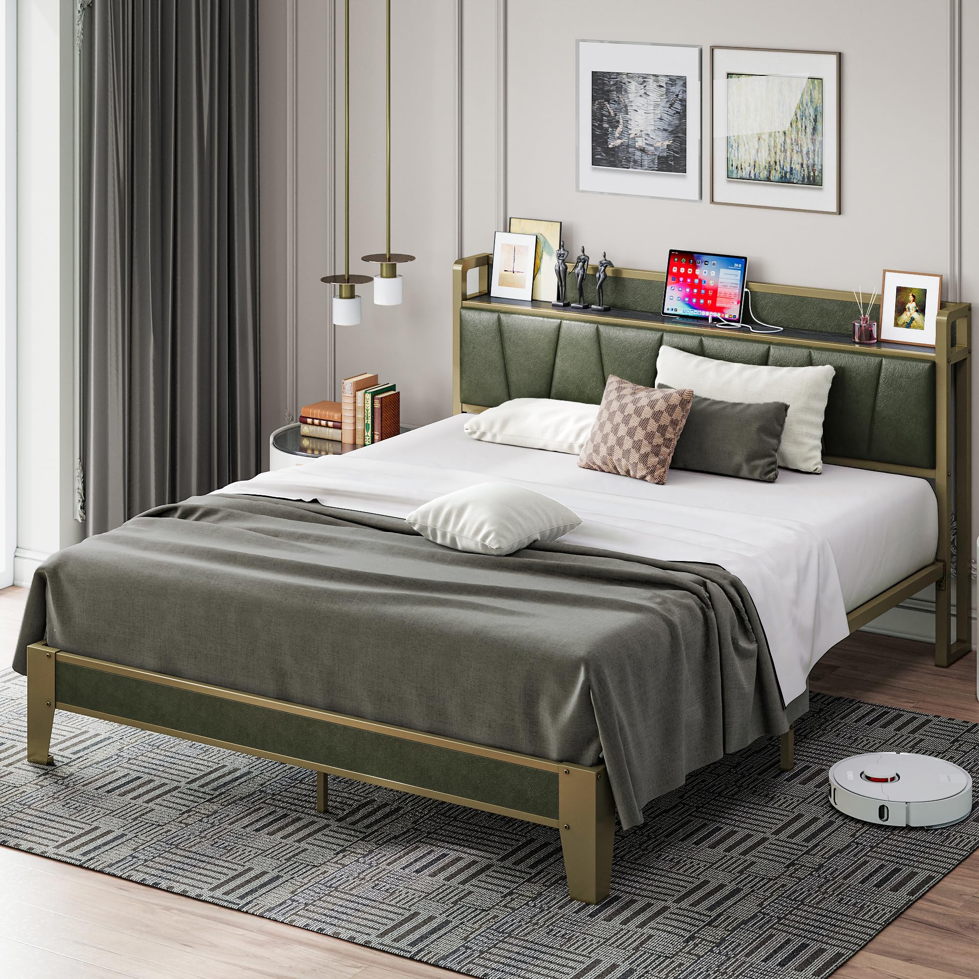 Likimio Full Bed Frame, Storage Headboard With Charging Station, Solid And Stable, Noise Free, No Box Spring Needed, Easy Assembly (Dark Green)