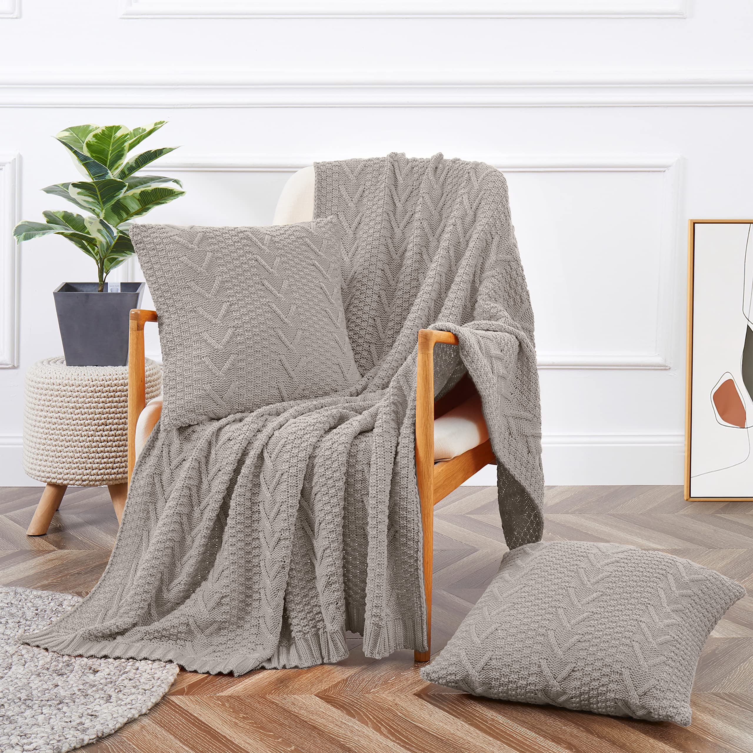Aormenzy Knitted Throw Blanket (50' X 60') And 2 Pillow Covers (18' X 18'), 3 Piece Light Grey Throw Blanket Set, Decorative